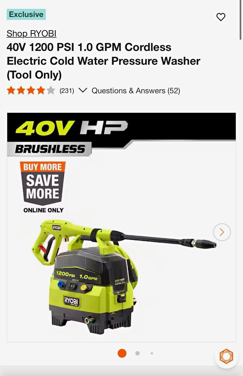 RYOBI 40V HP Brushless Battery Cold Water Pressure Washer 1200 PSI RY40HPPW12B