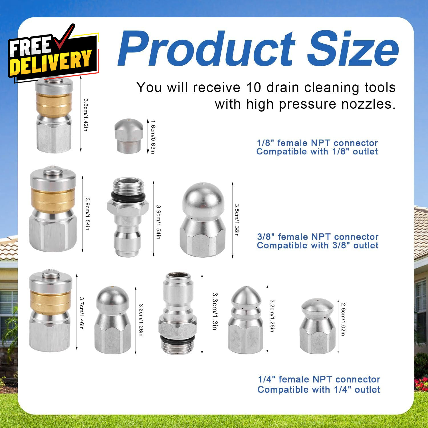 10Pcs Sewer Jetter Nozzle Kit – Stainless Steel 1/4 & 3/8″ NPT Quick Connect…