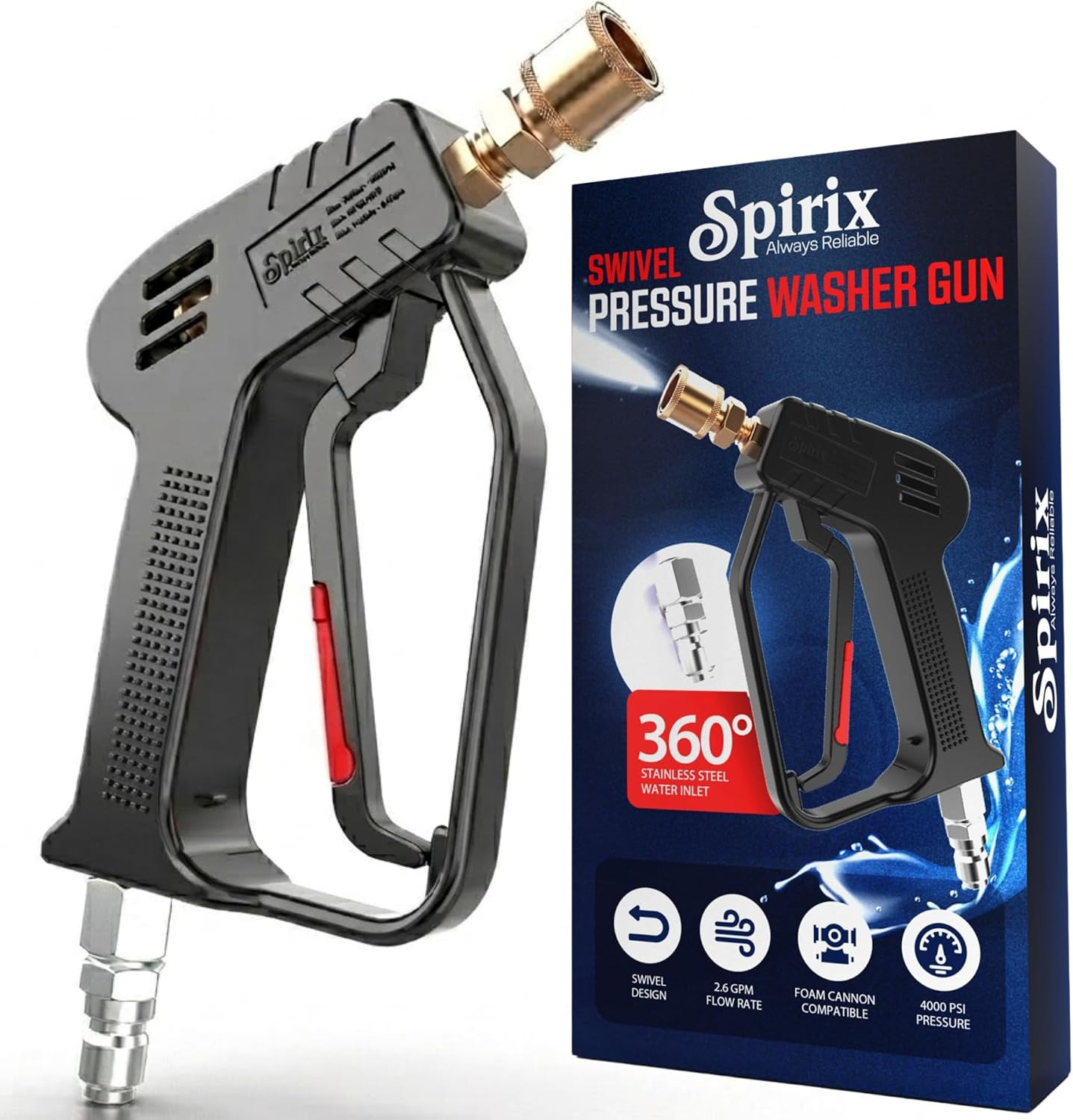 Pressure Washer Gun 4000 PSI Short Power Washer Gun | 360° Swivel, 3/8″ Quick Co