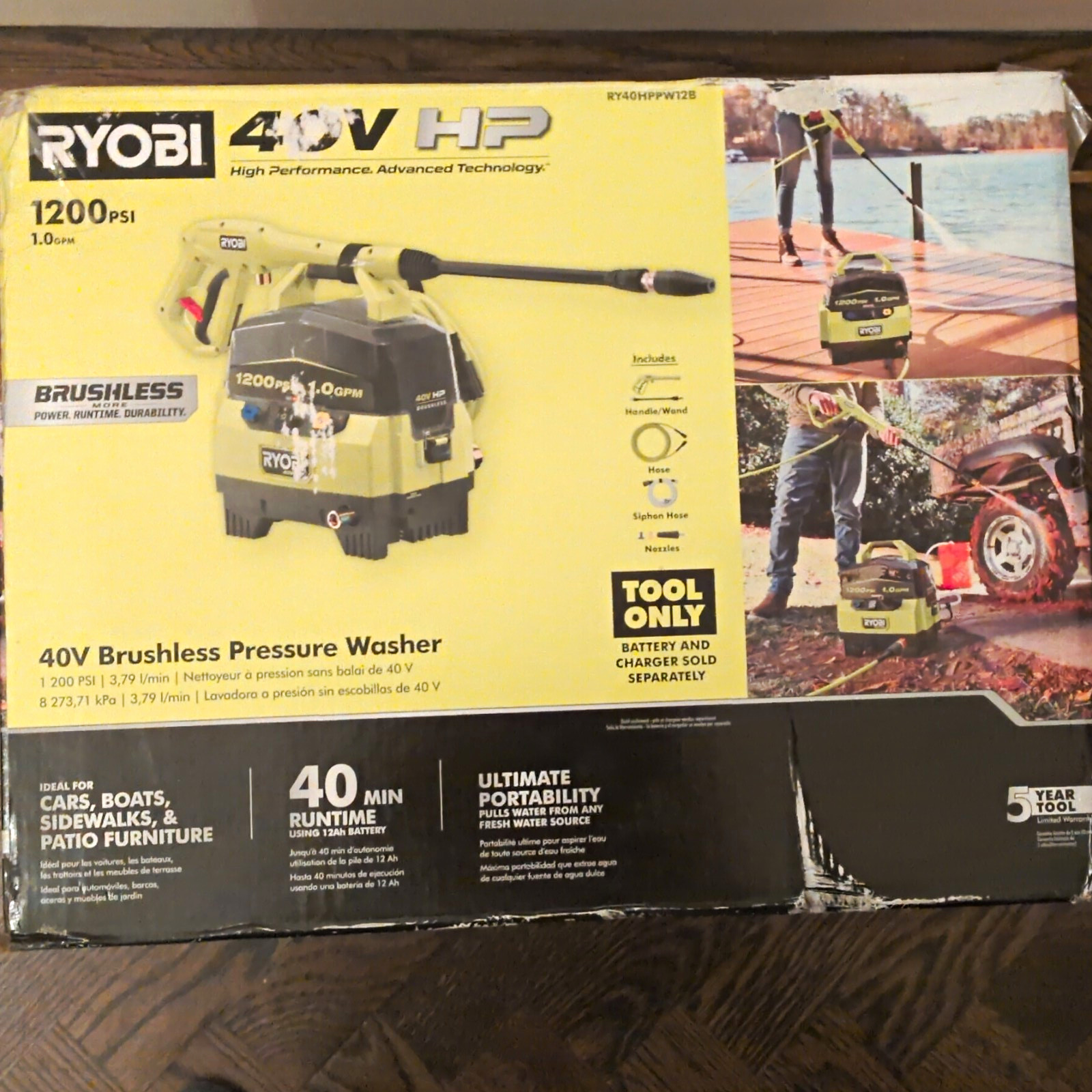 RYOBI 40V HP Brushless 1200 PSI Battery Pressure Washer w/ Gun Wand RY40HPPW12B