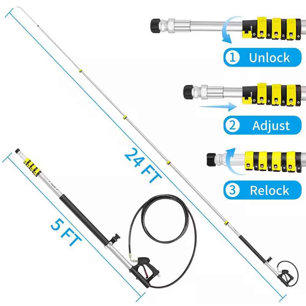 24 Ft. Telescoping Pressure Washer Sprayer Wand Aluminum Extension Pole with 7 N