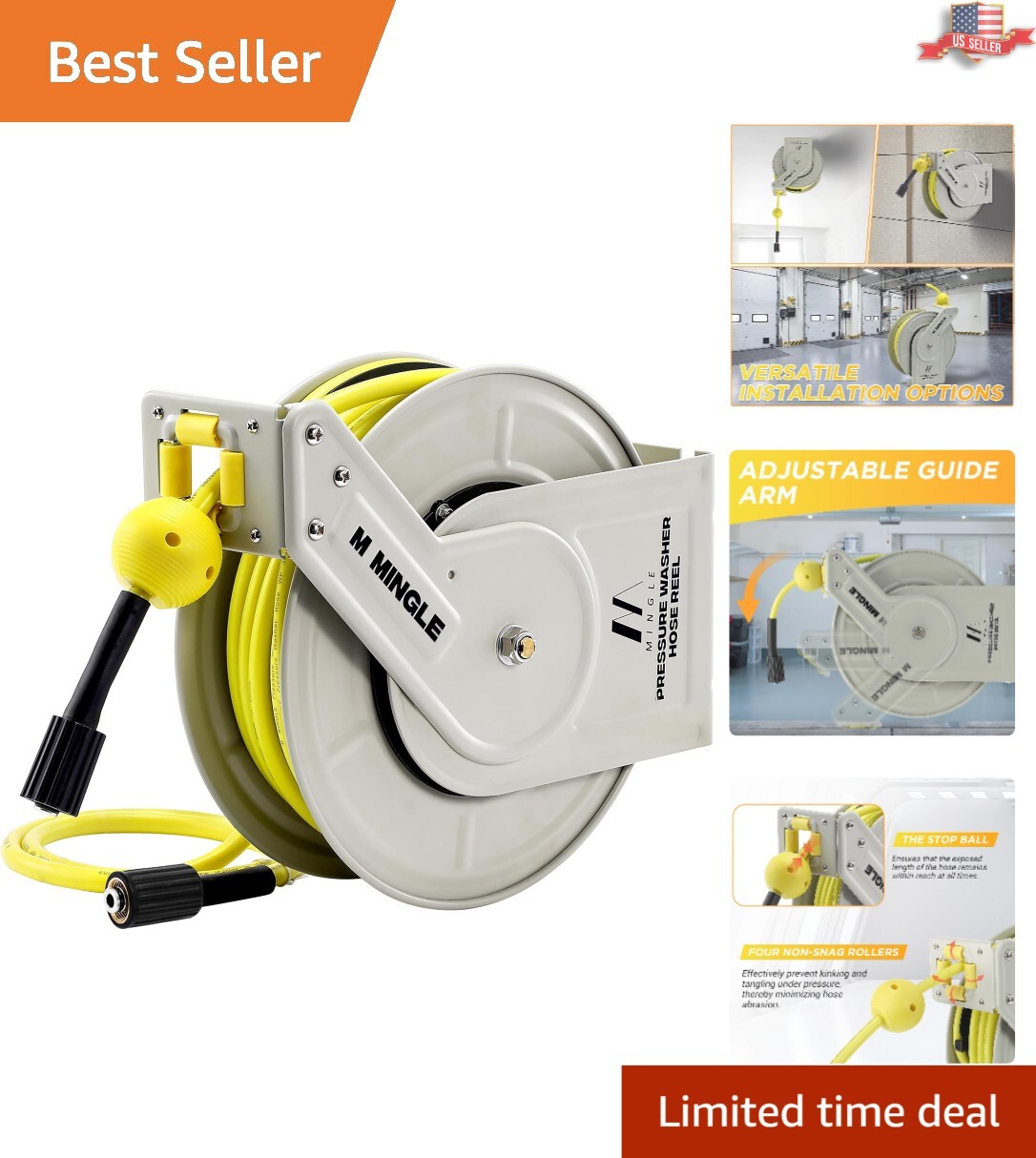 Professional 60ft Pressure Washer Hose Reel – Anti-Tangle and Wall Mounted