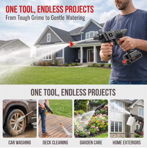 1500W Cordless Pressure Washer 60Bar 870PSI Portable Car Washer 2 Battery Hose