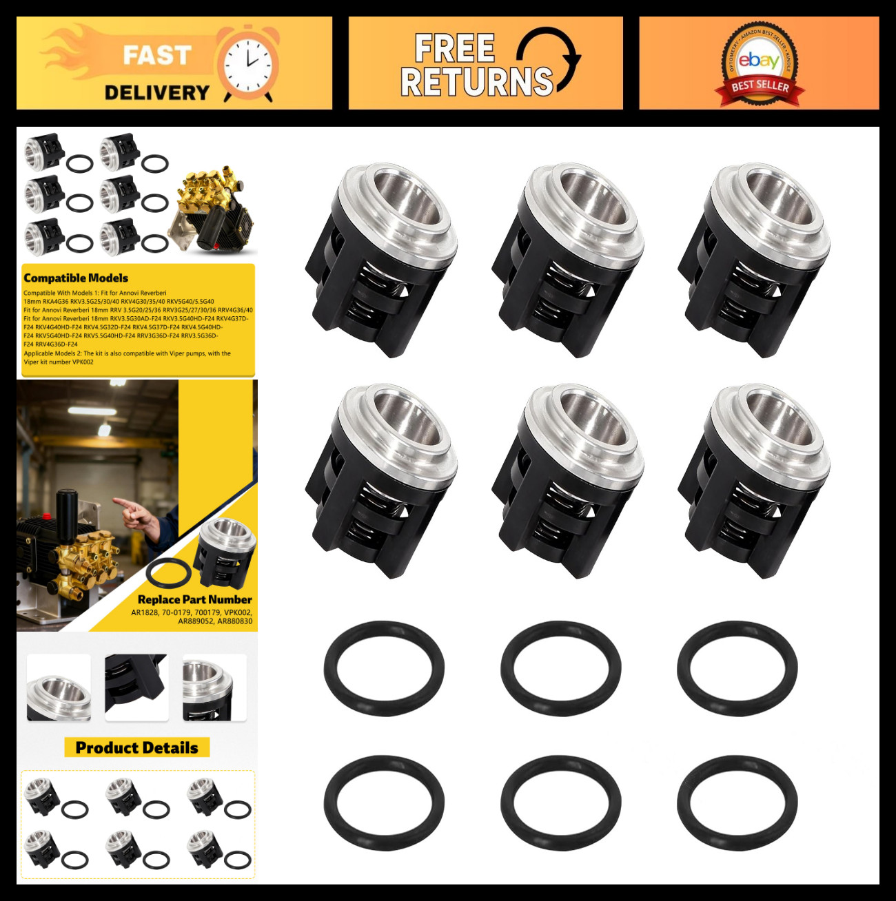 6 Pack Water Pressure Washer Check Valve Kit with O-Rings for 18mm Pumps, Replac