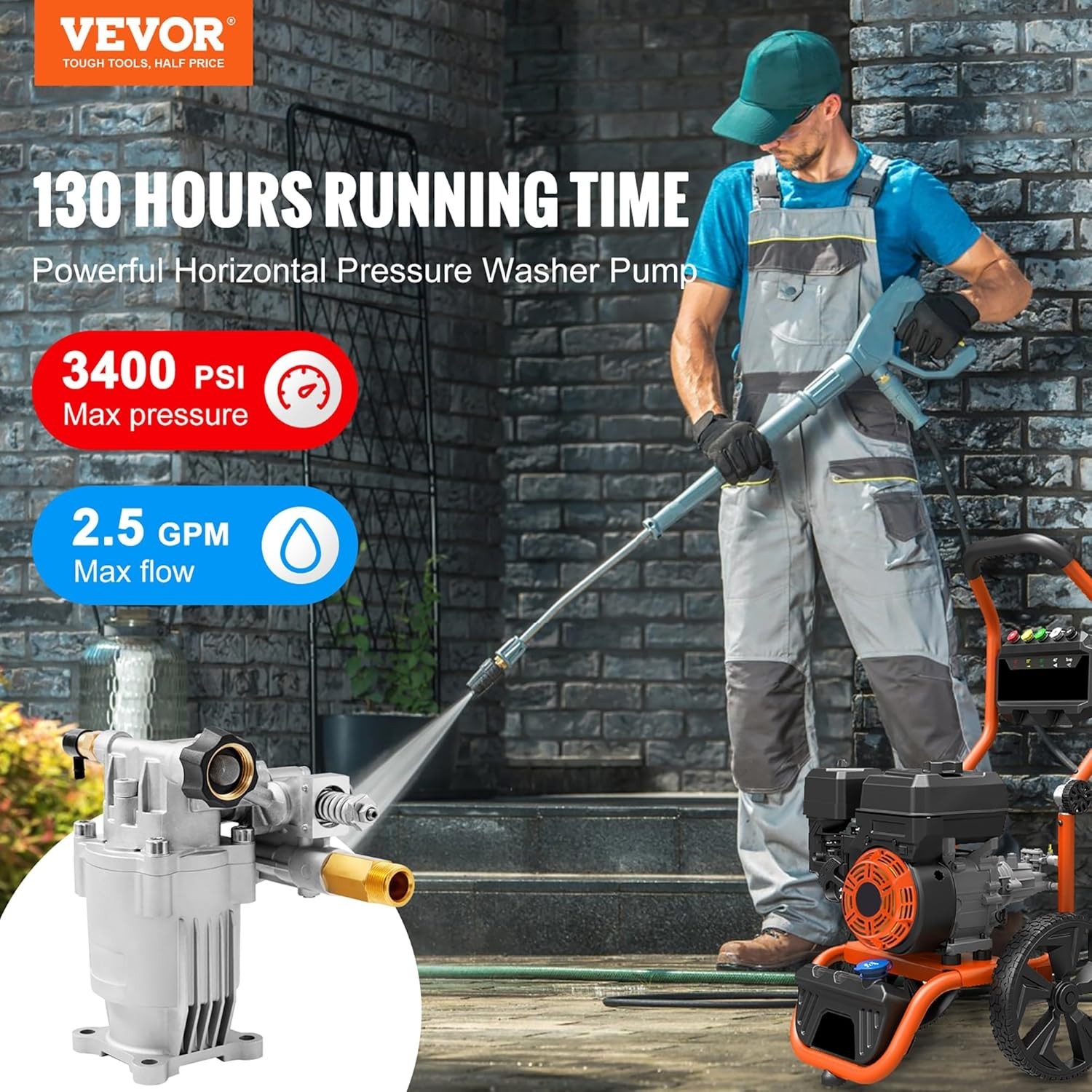 Pressure Washer Pump Power Washer Pump 3/4″ Horizontal 3400 PSI 2.5 GPM