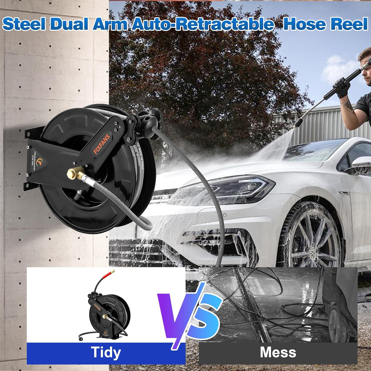 Pressure Washer Hose Reel with Hose for Hot and Cold Water, 3/8″ X 50 FT Steel A