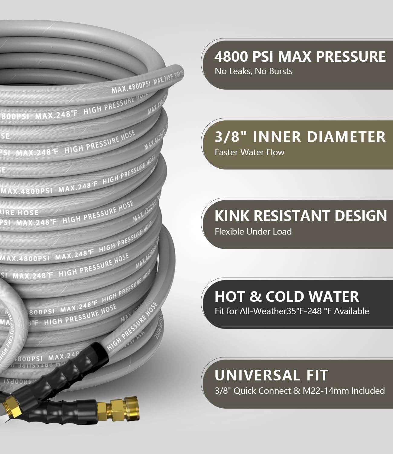 Ultra-Flexible 50FT Pressure Washer Hose 3/8″ – Steel Braided, 4800 PSI Rating