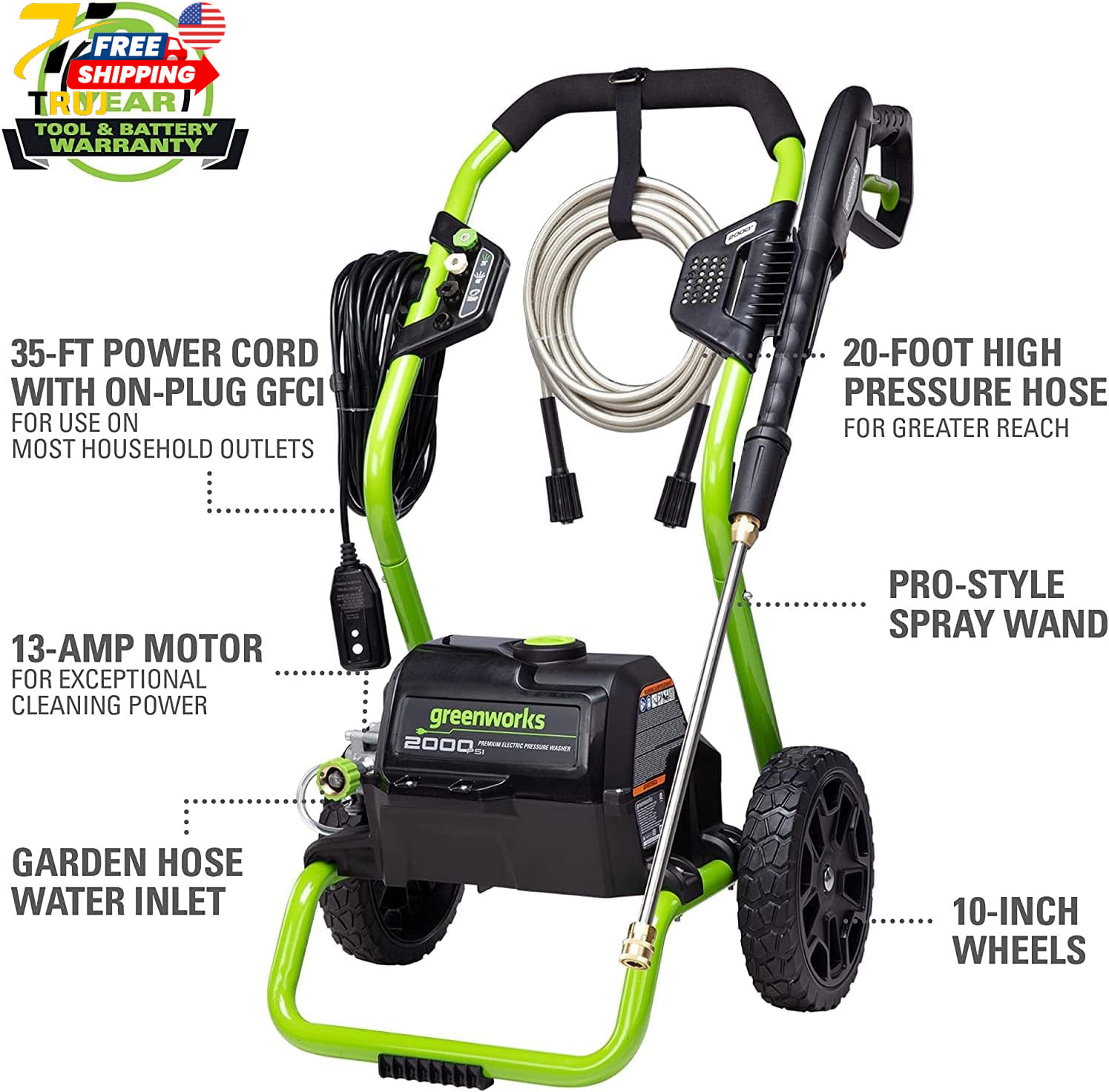 Greenworks 2000 PSI (13 Amp) Electric Pressure Washer (Wheels For Transport / 20