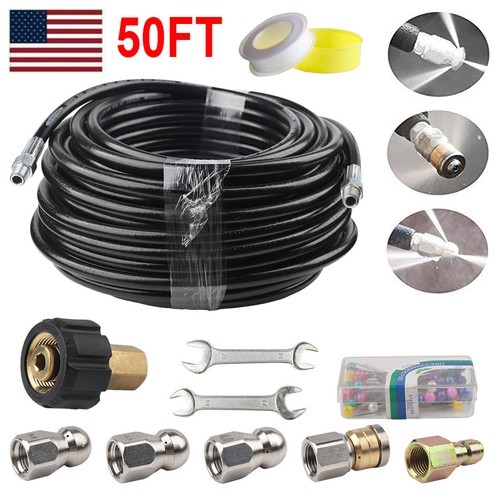 50/100FT 5800PSI Sewer Jetter Nozzle Kit Drain Cleaning Hose for Pressure Washer