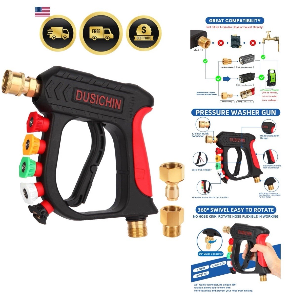 Pressure Washer Gun High Power Spray Foam Cannon Nozzle Tips 3000 PSI