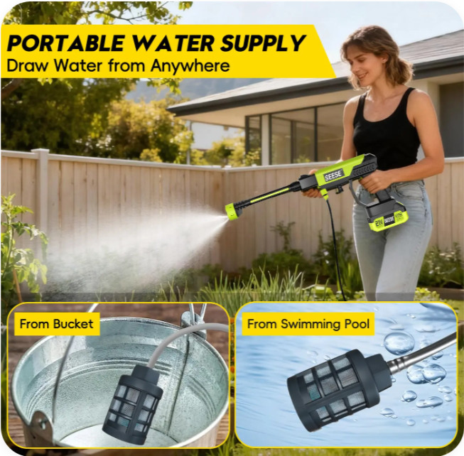 SEESE Cordless Pressure Washer Portable 6-in-1 Nozzle Battery Power Cleaner Box