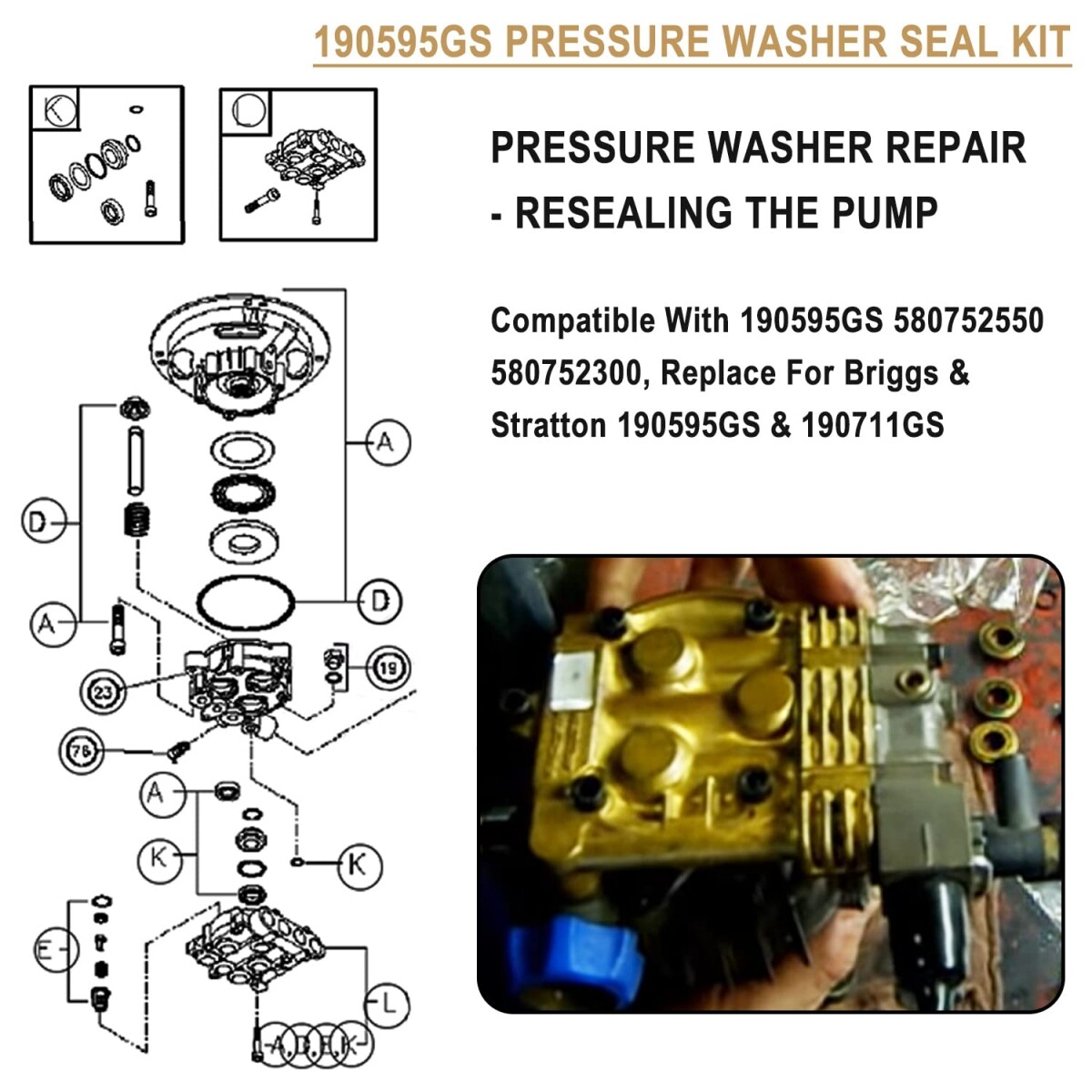 Pressure Washer Seal Kit for 190595GS 580752550 580752300 Briggs & Stratton