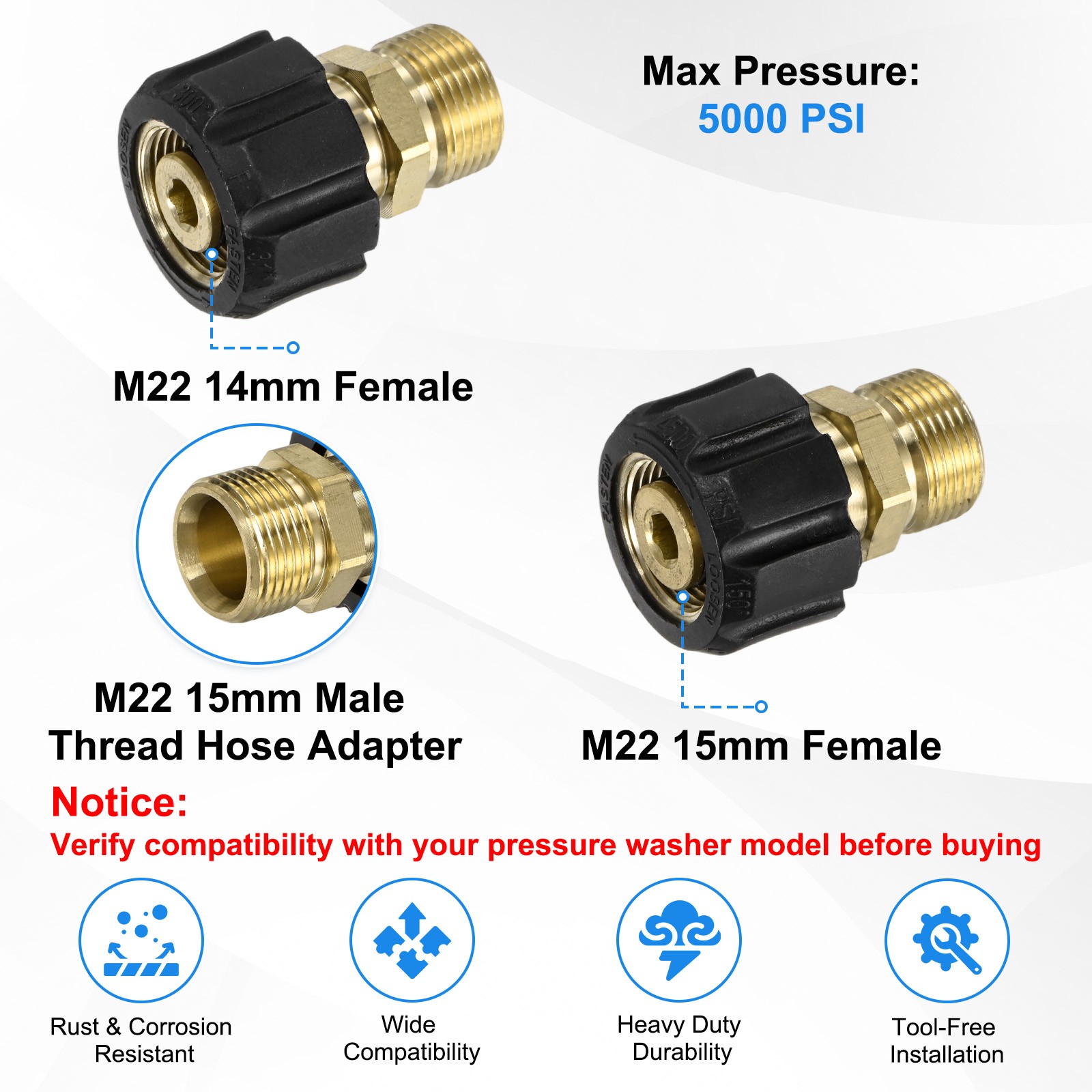 2-Pack M22 14mm & 15mm Female to M22 15mm Male Thread Pressure Washer Fittings
