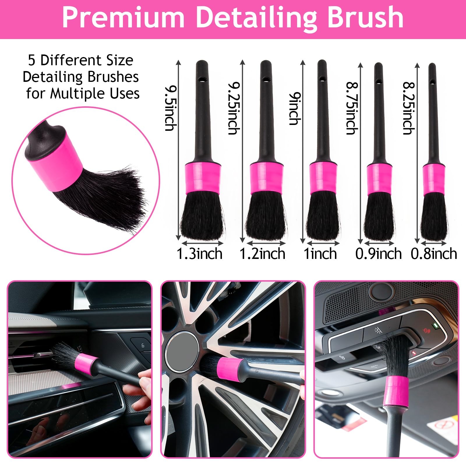 Pink Car Duster Interior Kit Detailing Brushes for Windows Dashboard Air Vents