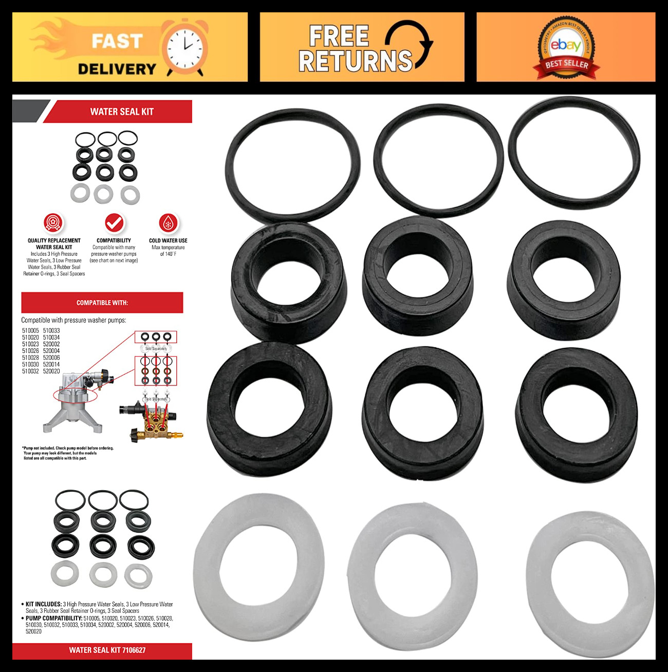 Replacement Water Seal Kit for Pressure Washer Pumps – Durable, Easy Install, Bl