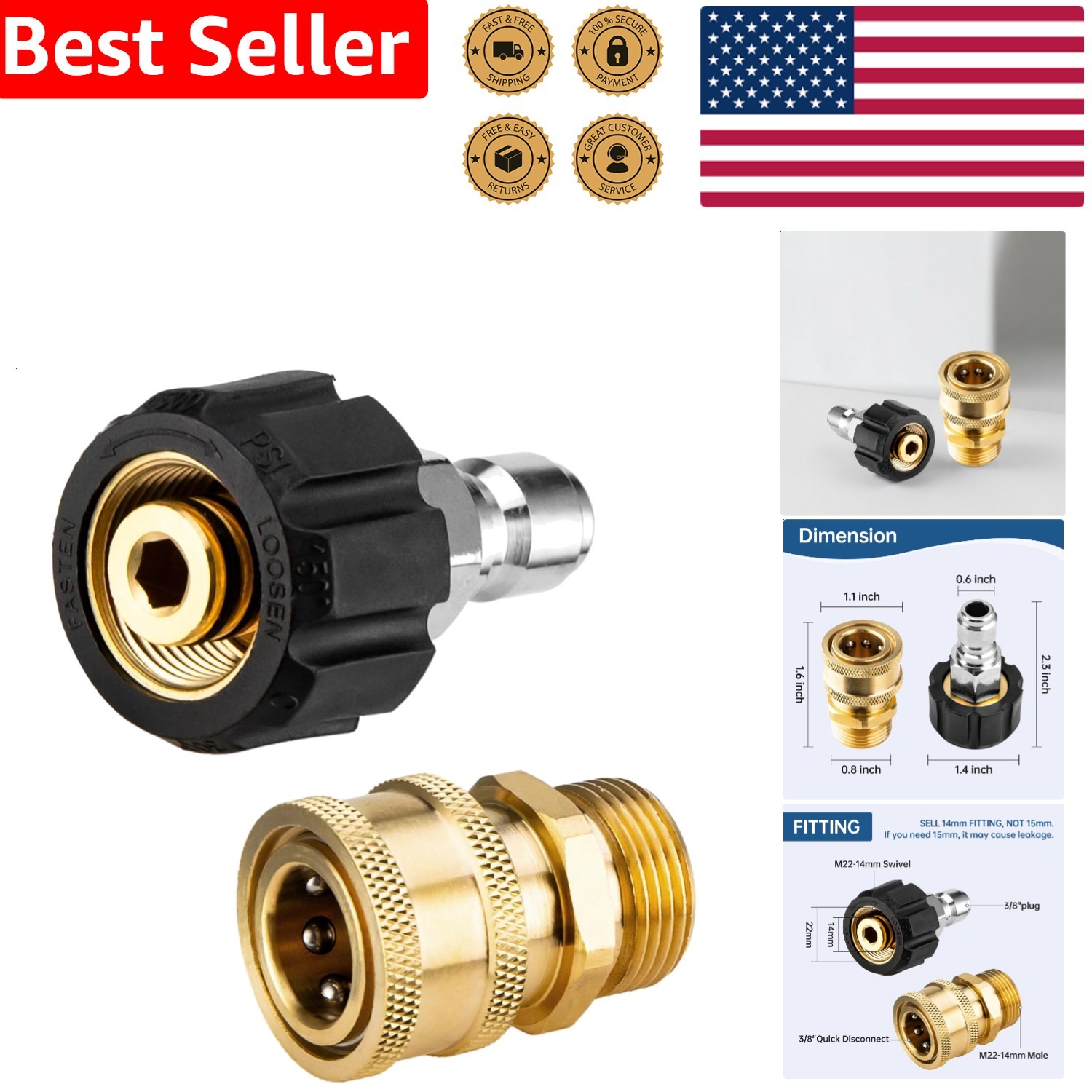 Pressure Washer Adapter Set M22 14mm 3/8 Quick Connect Kit Brass 4500 PSI Robust