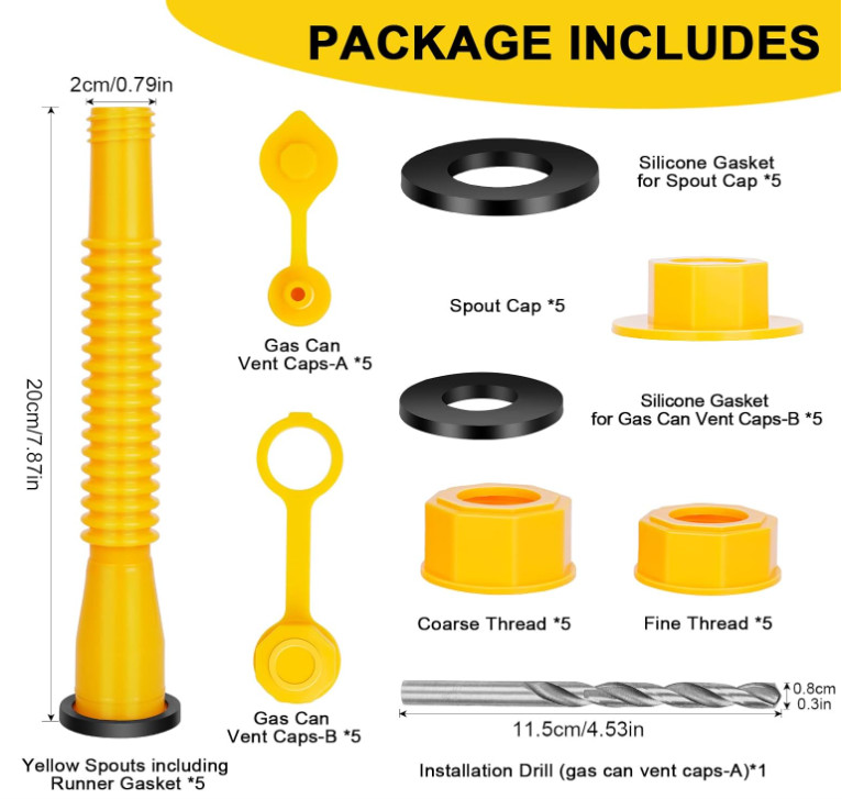 Boquilla flexible amarilla 5 uds para bidones de 1–10 gal, repuesto de pico