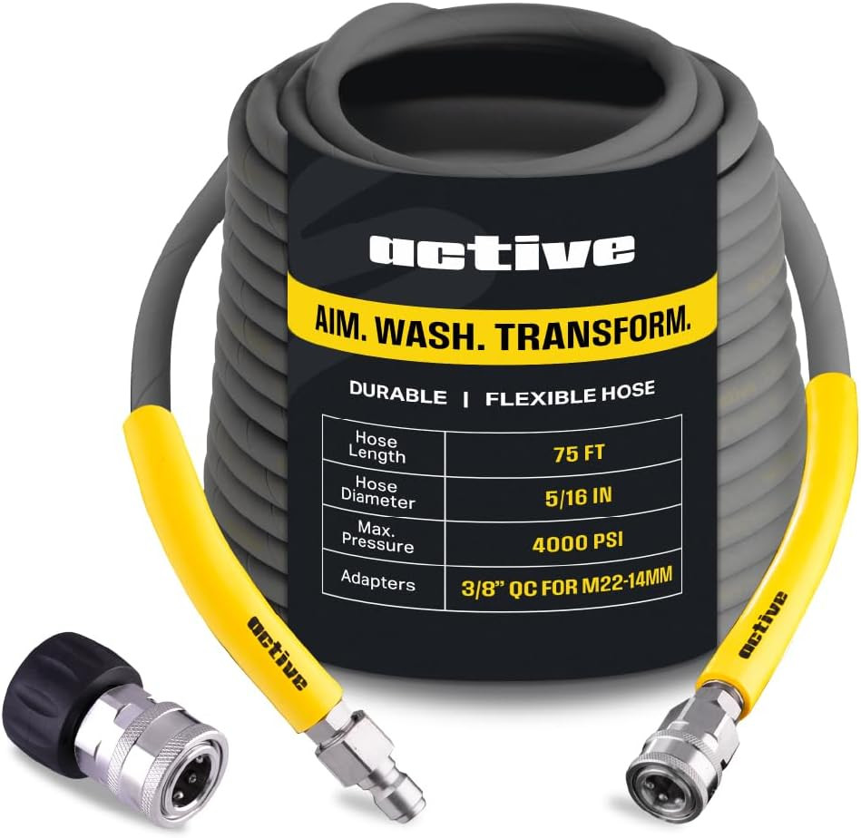 Active 75’ Pressure Washer Hose Compatible with Gas and Electric Pressure Washer