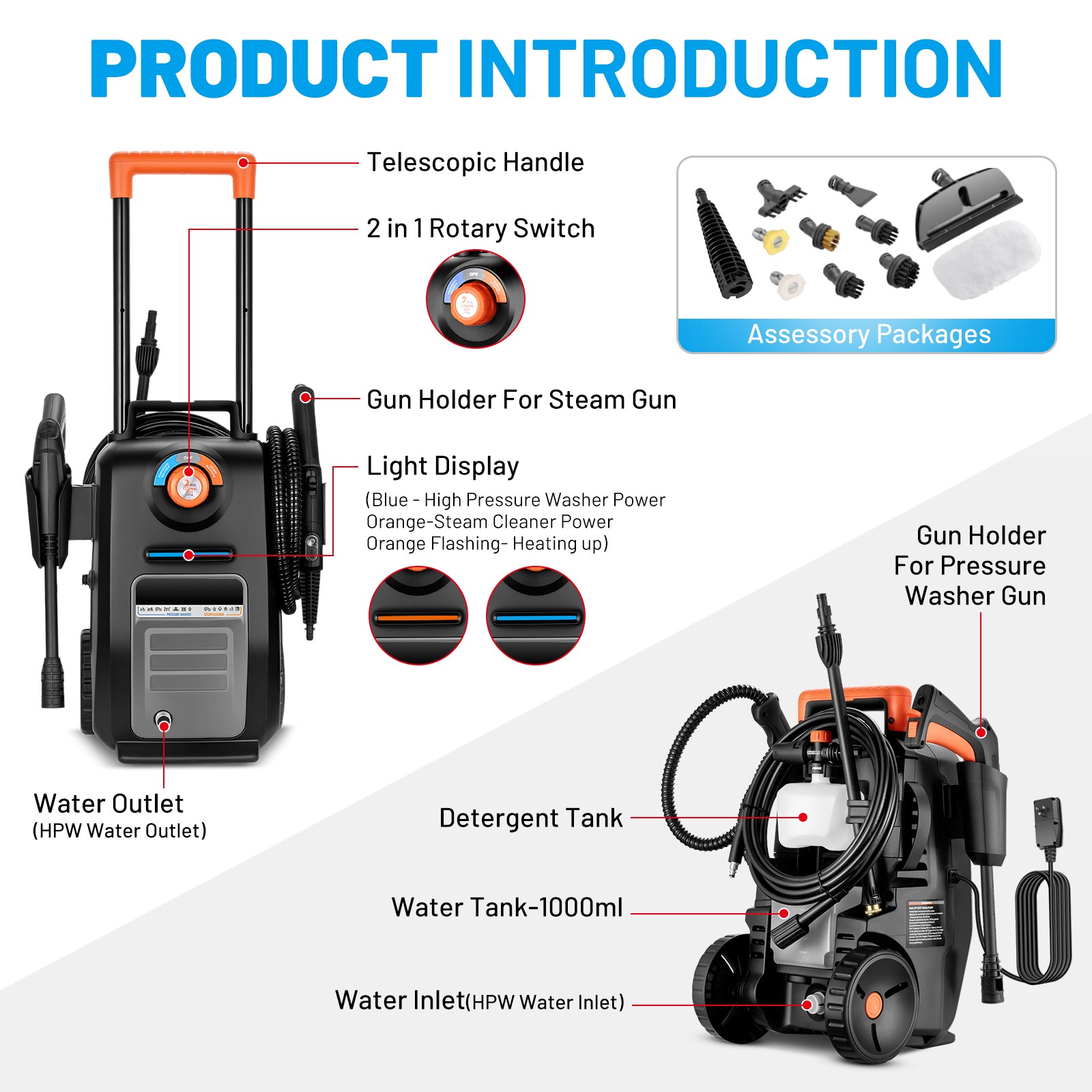 Heavy Duty 2-in-1 Pressure Washer & Steam Cleaner 3000 PSI 120V Electric