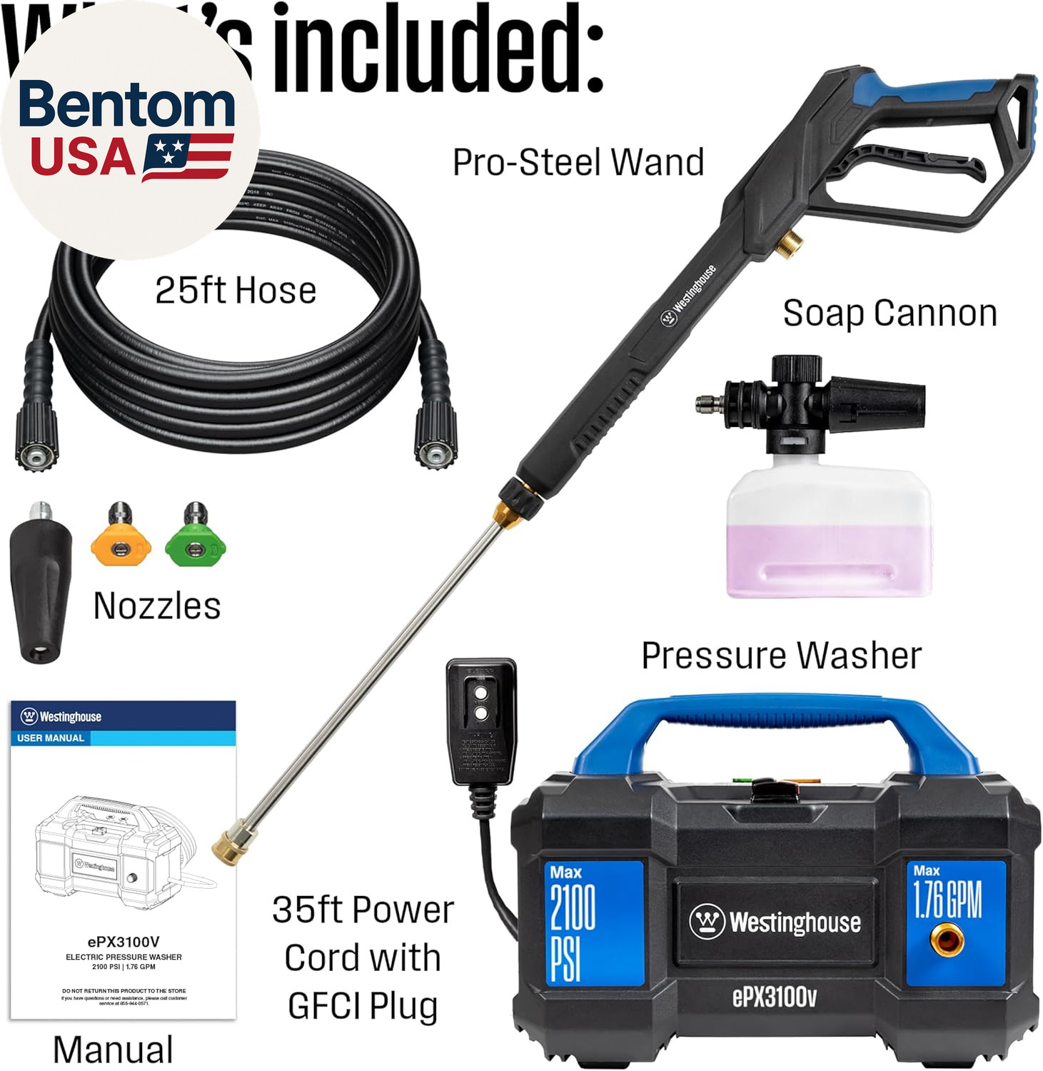 Westinghouse Epx3100V Electric Pressure Washer, 2100 Max PSI 1.76 Max GPM, Built
