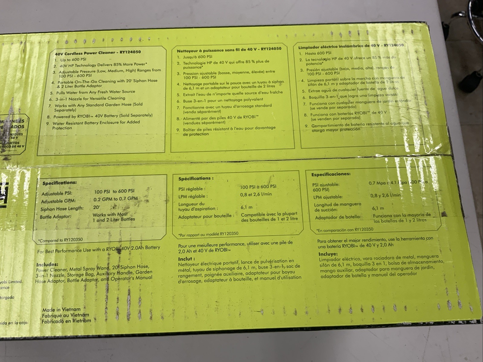 Ryobi 40v 600 PSI EZClean Cordless Power Cleaner RY124050VNM Tool Only OPEN BOX