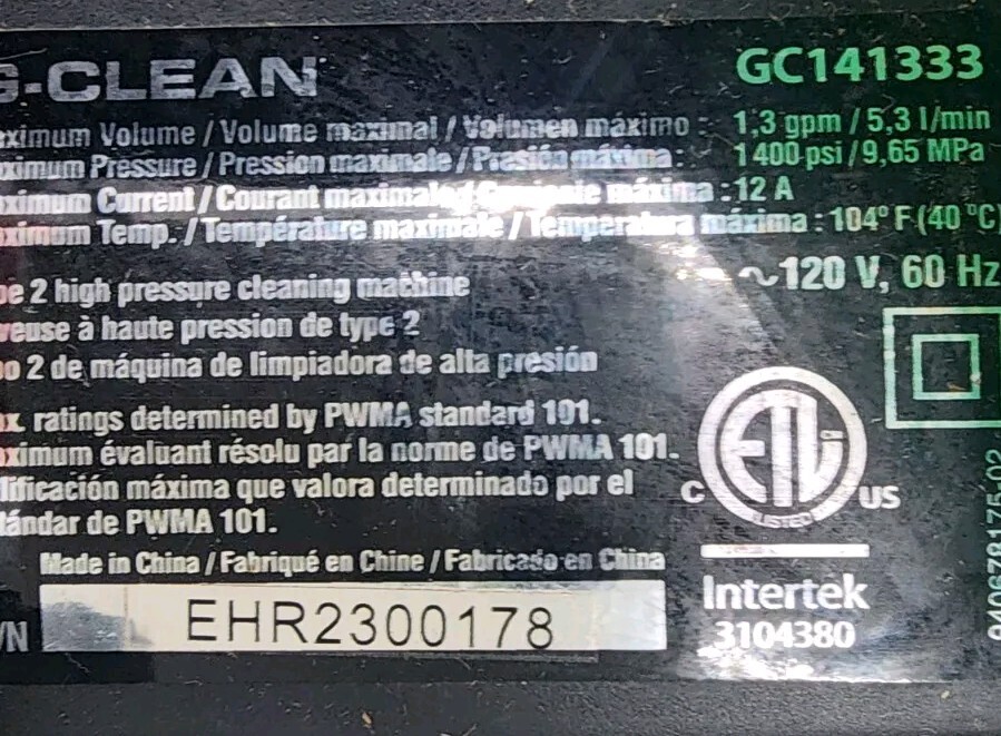 G Clean 1400 PSI Electric 120V Pressure/Power Washer / Pre Owned