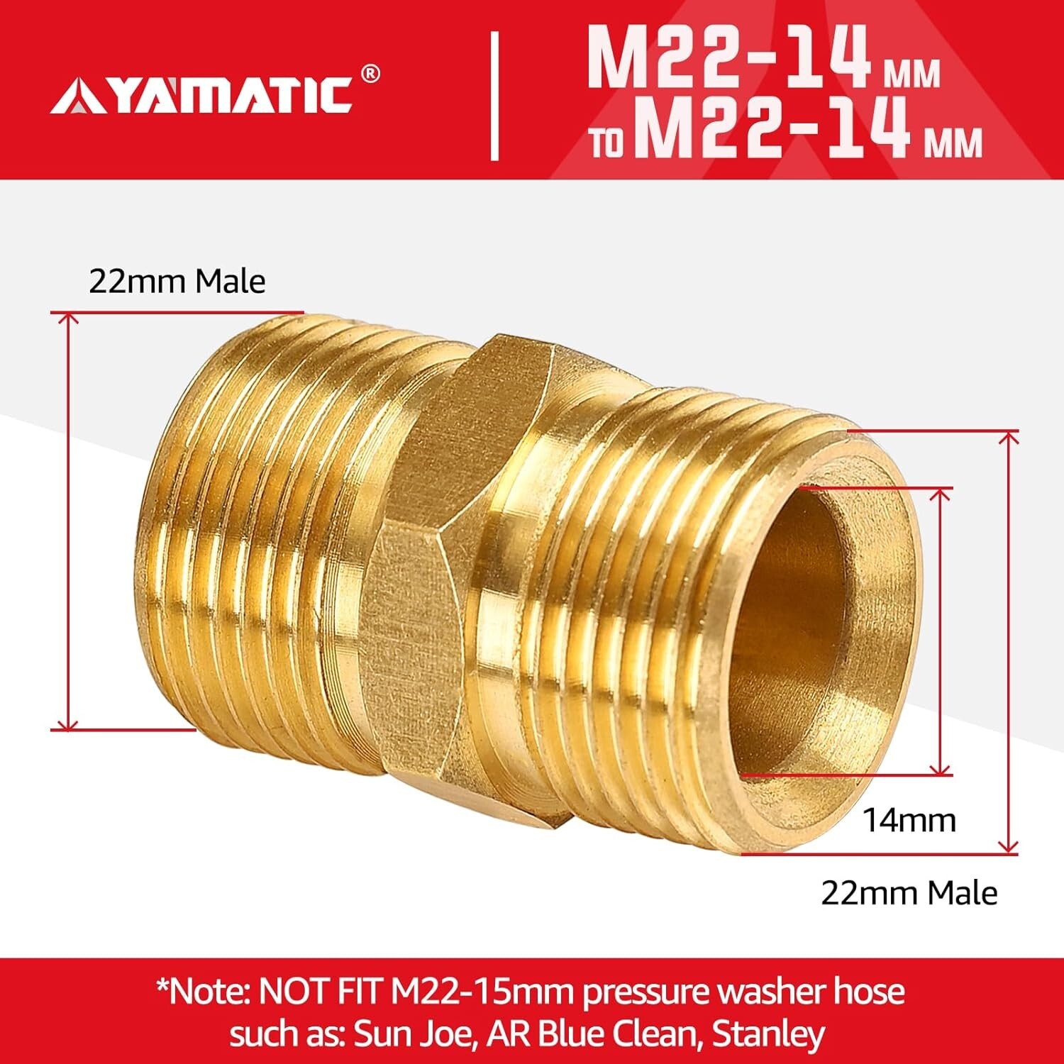 Pressure Washer Hose Coupler, M22-14mm Male to M22-14mm Male Solid Brass Exte…