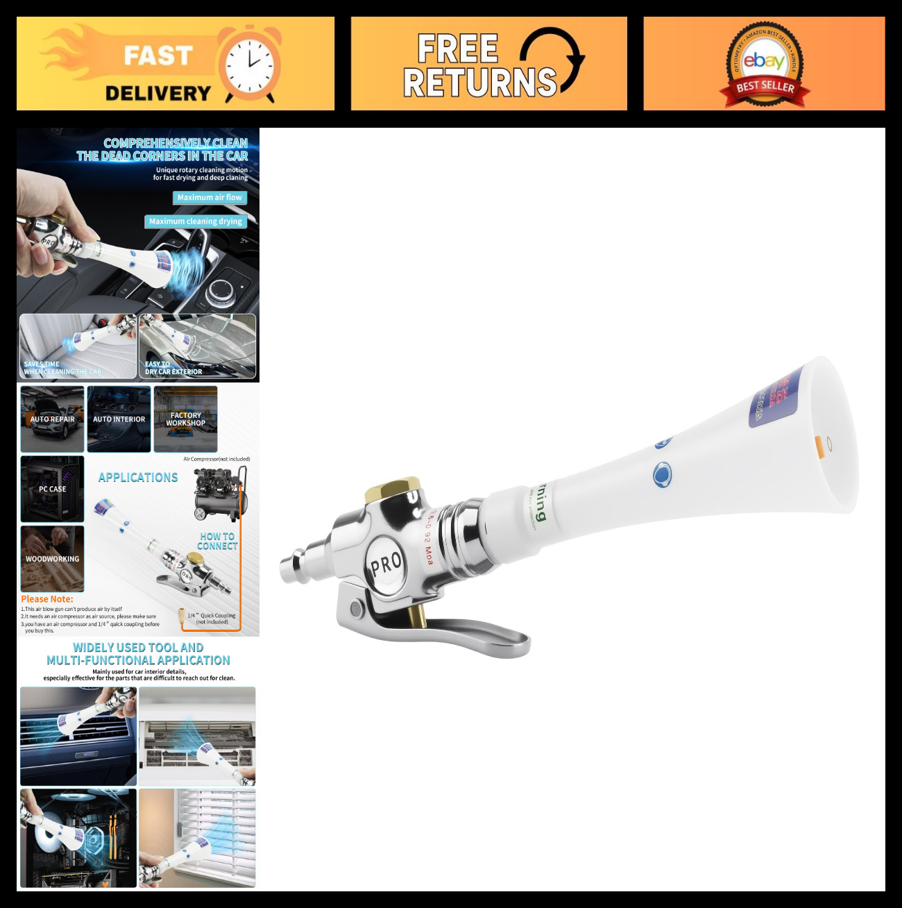 High Pressure Car Cleaning Gun Kit – Mini Tornado Air Blower, Vortex Dirt Remove