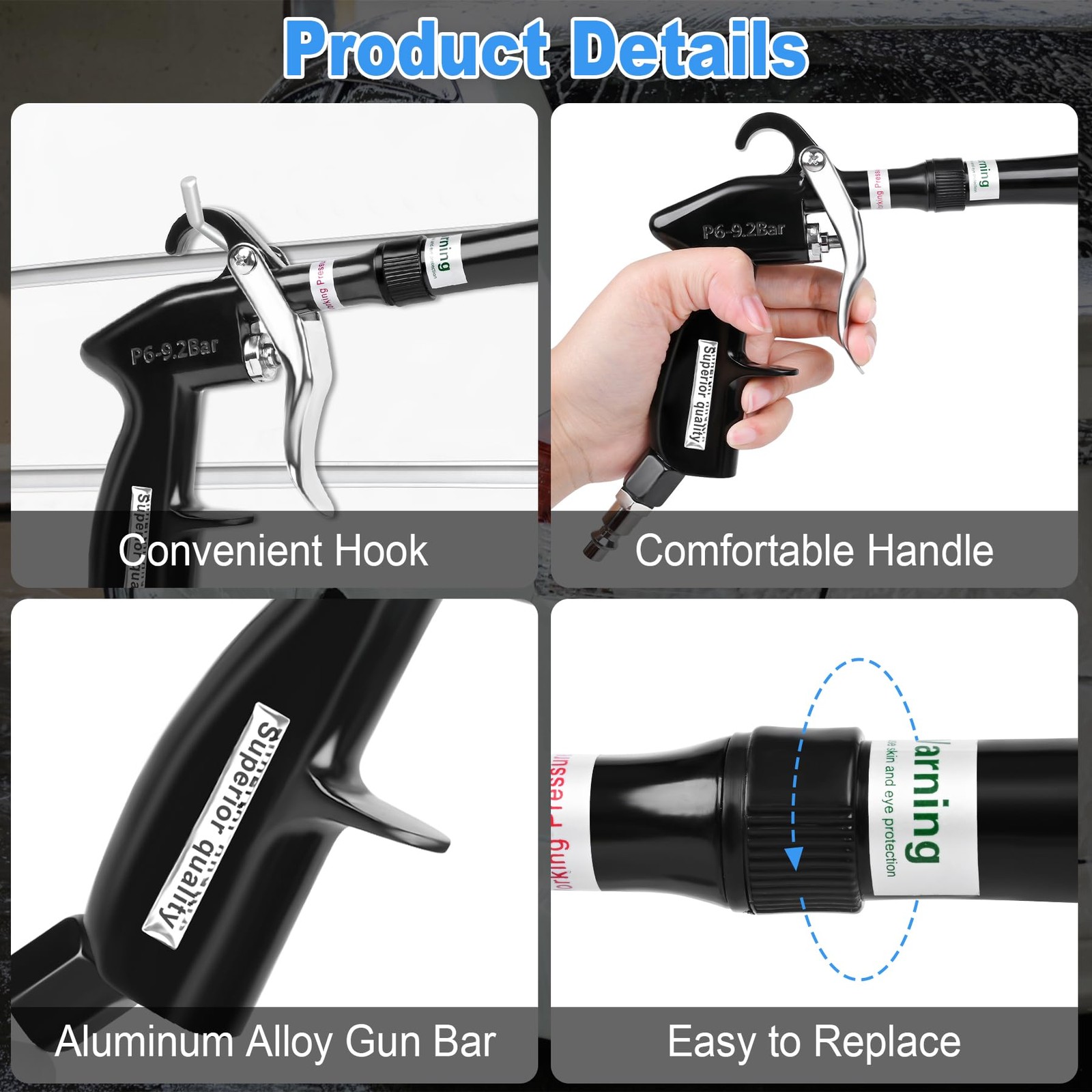 phepetroll Air Blow Gun Car Detailing Dry Cleaning Soft Hose -1 Nozzle, Black