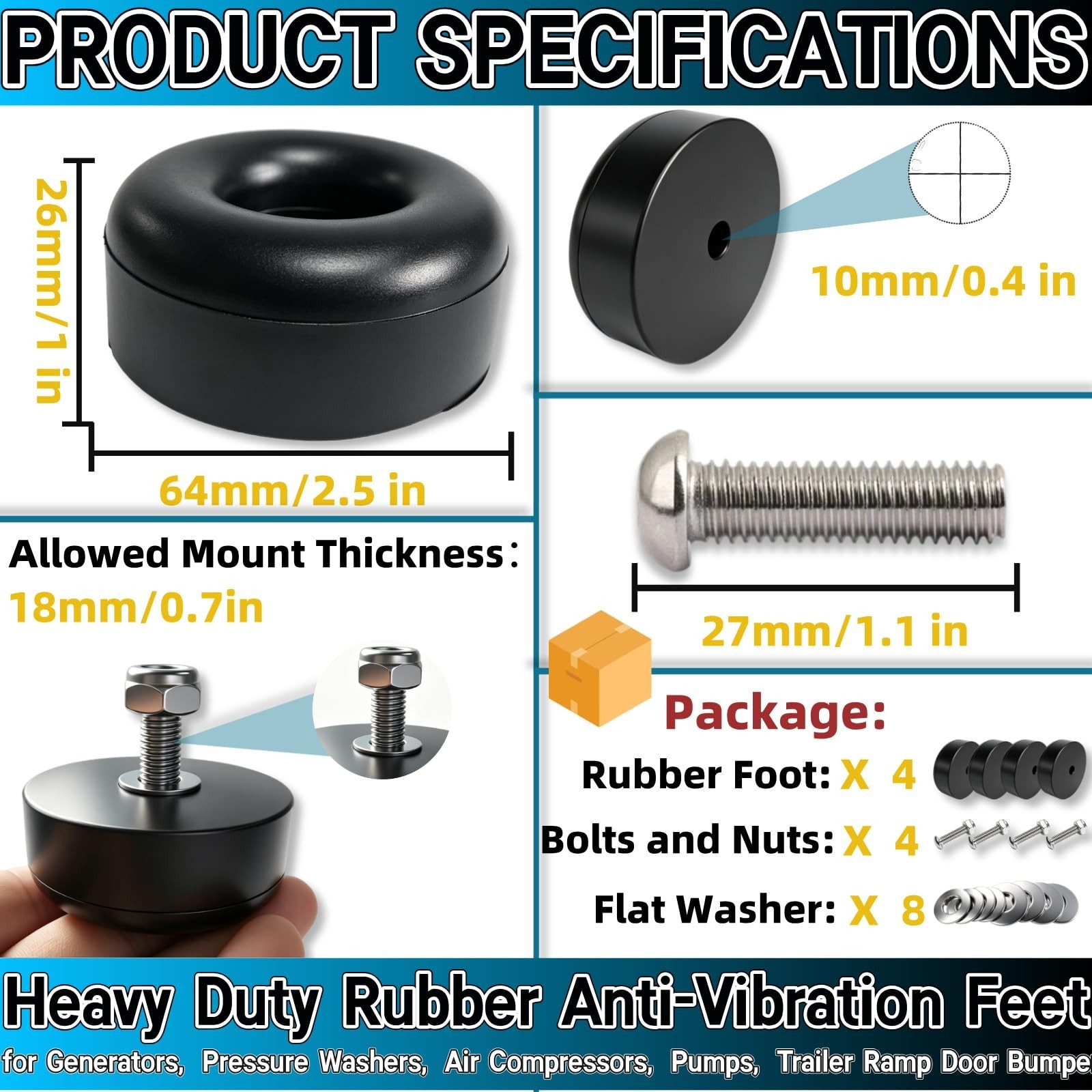 4-Pack Heavy Duty Anti-Vibration Rubber Feet & Bumpers – 1″x2.5″ Shock Absorbers