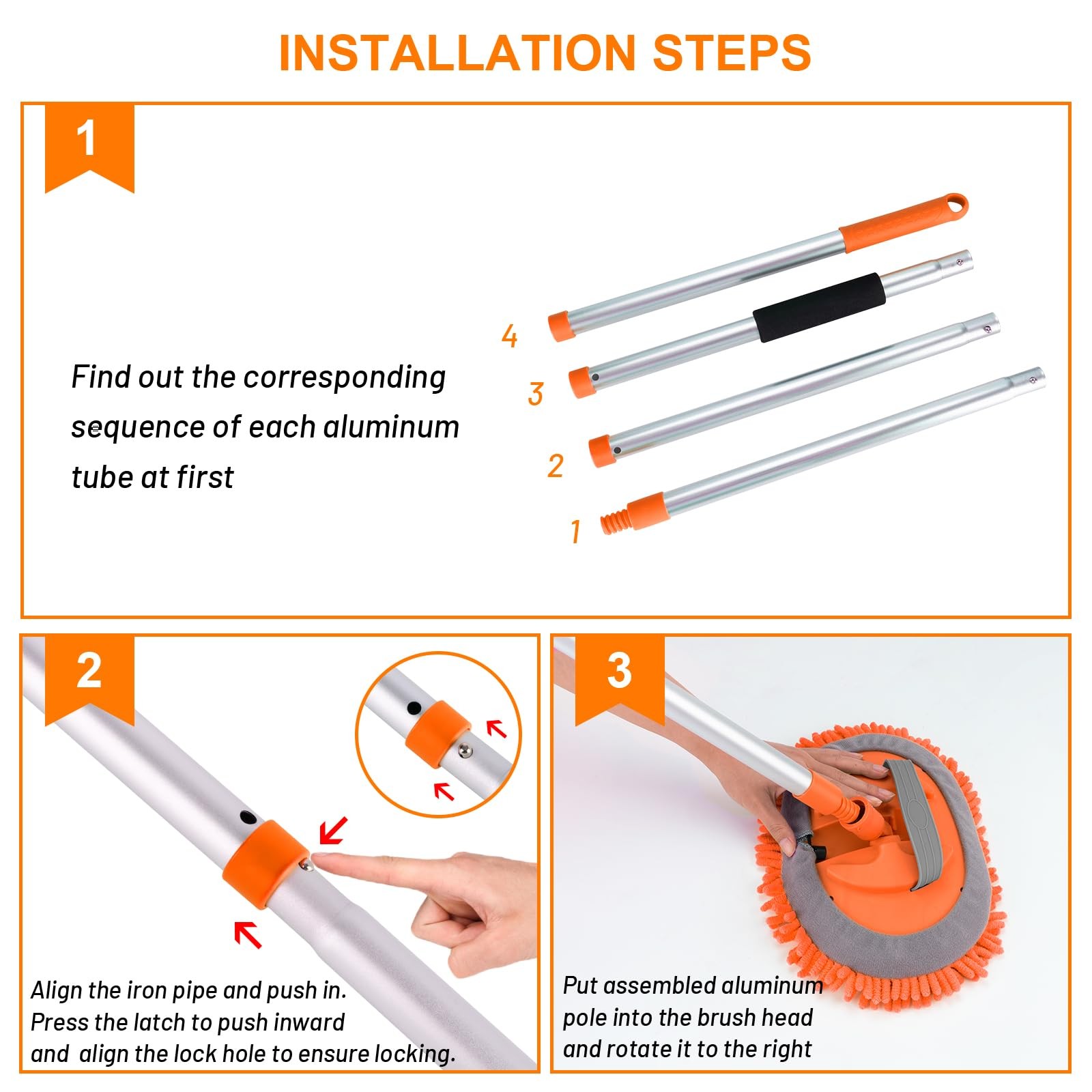 Ordenado 62″ Car Wash Brush Kit Mitt Mop Sponge with Long Handle D-orange