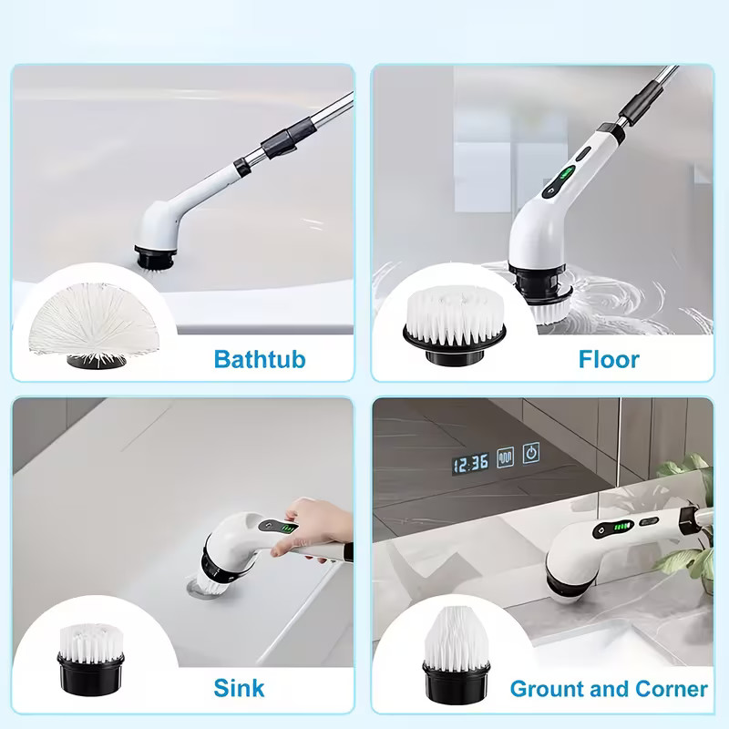 Electric Rotary Washer, Cordless Cleaning Brush, LED Power Display, with 9 Repla