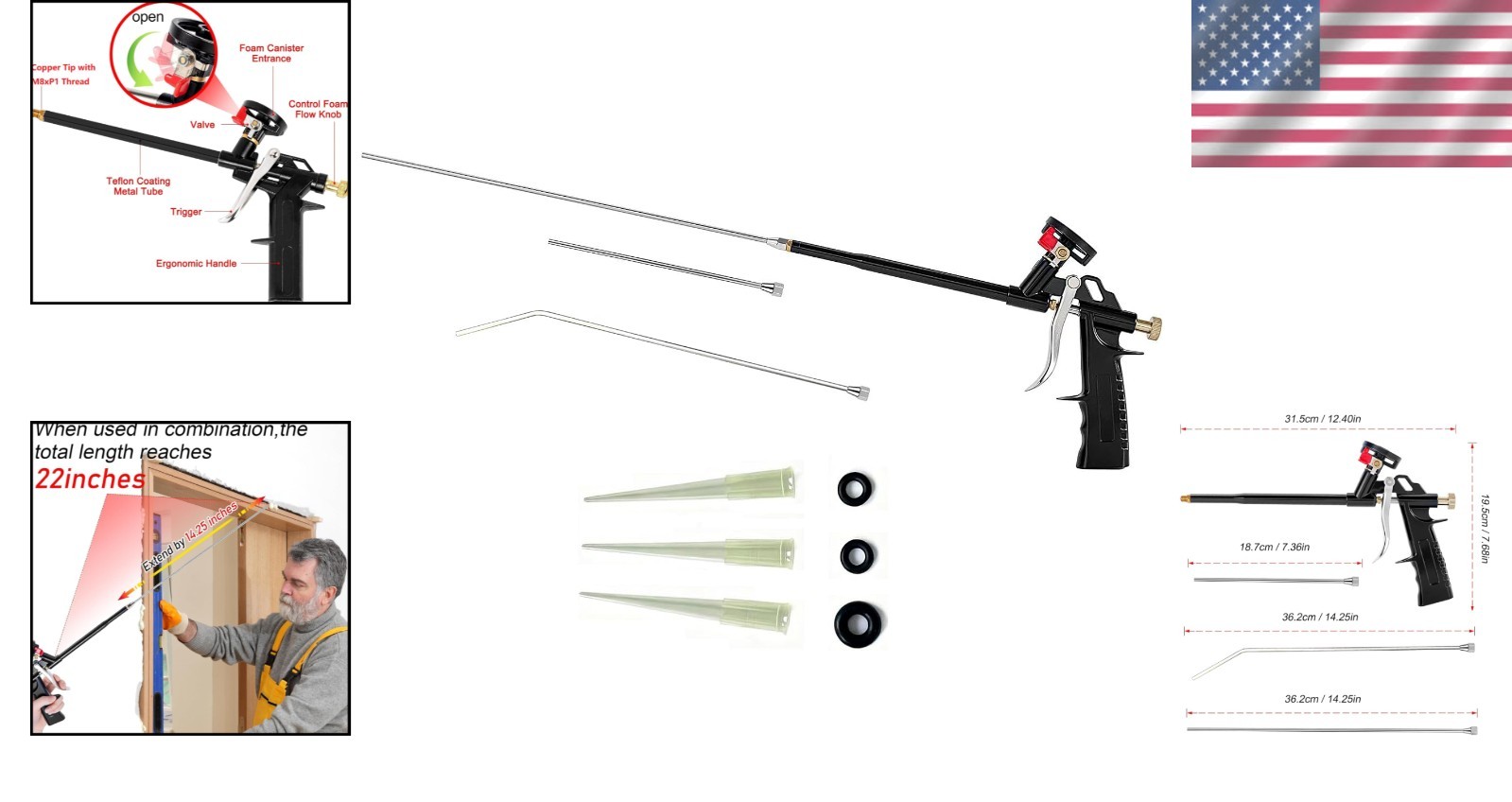 Multi-Purpose Foam Insulation Gun with Three Stainless Steel Nozzles Included