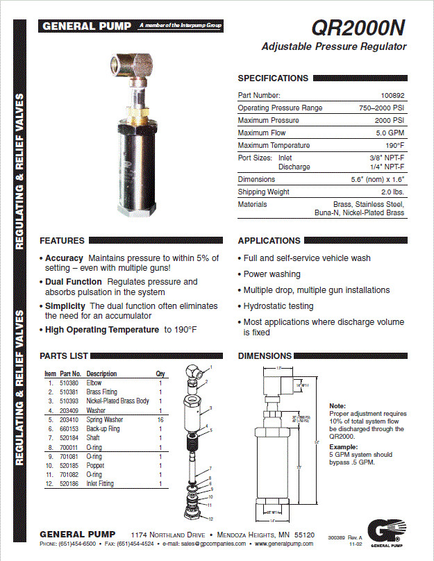 Car Wash Pump / Pressure Washer Regulator: Brass Control Valve – 750-2000 psi