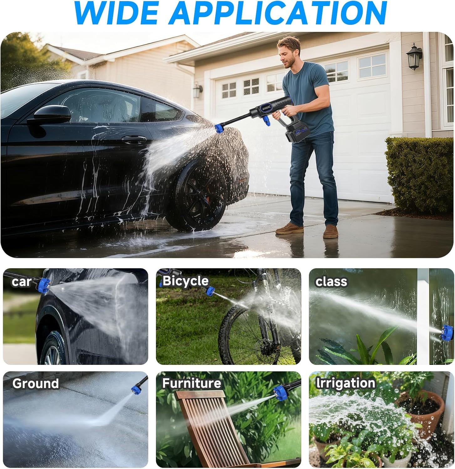 Portable Cordless Washer with 6 Nozzles, Foam Pot & 16ft Hose for Home & Car