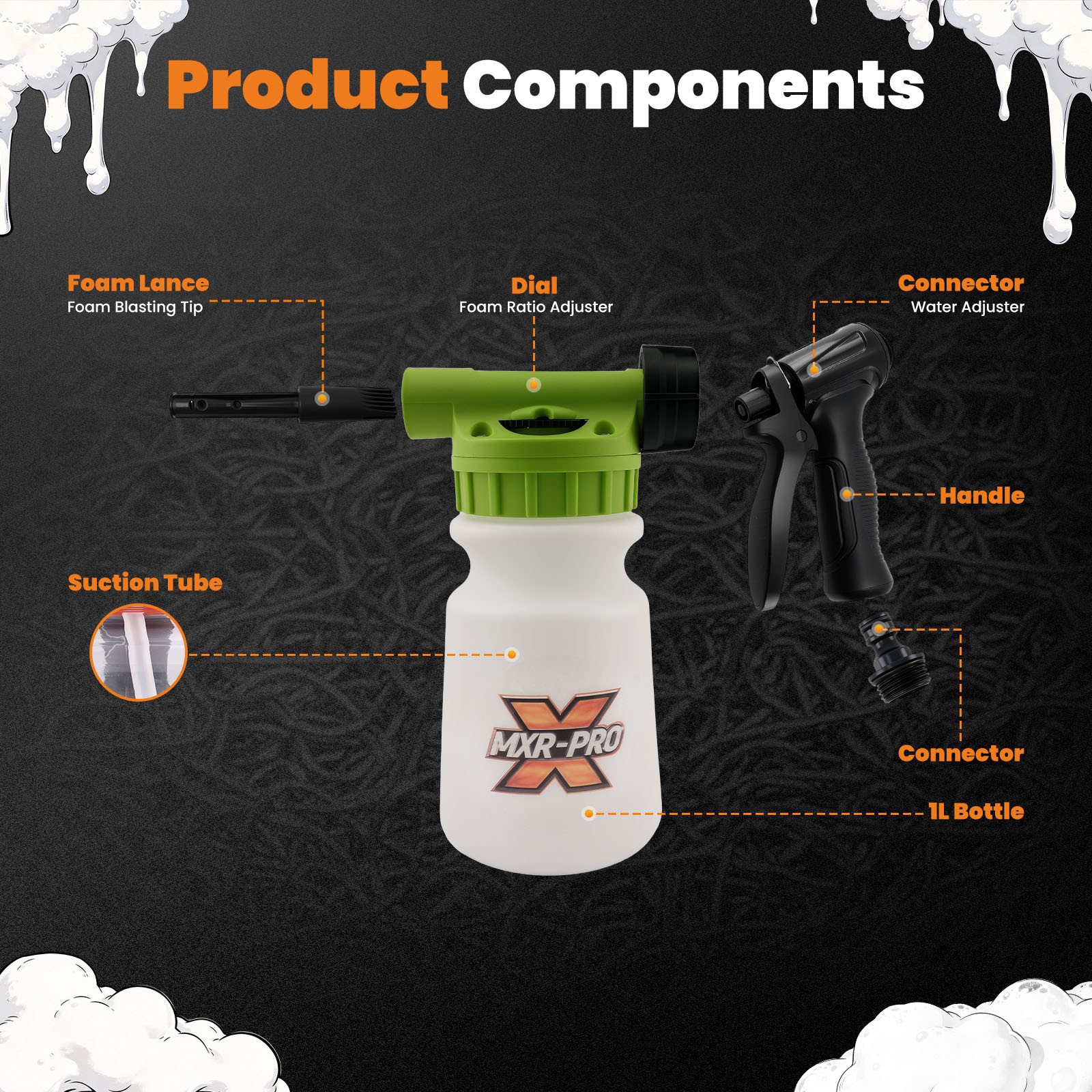 1L Car Wash Foam Cannon for Hose Quick Connect Pressure Washer 6-10 Bar Plastic