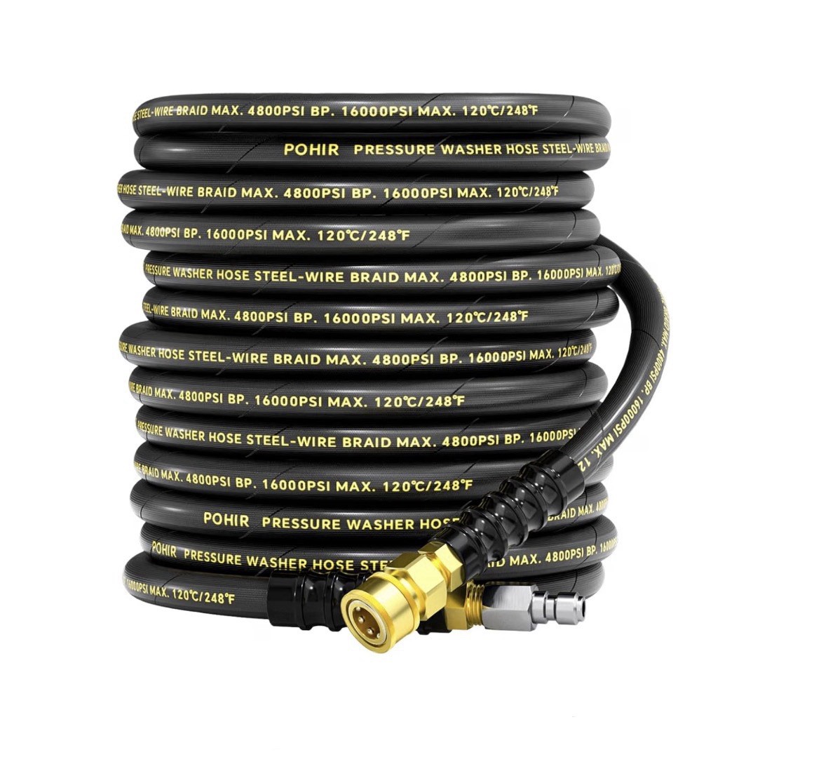 50FT 3/8″ 4800PSI Pressure Washer Hose W/ Swivel Quick Connect Steel Wire Braid