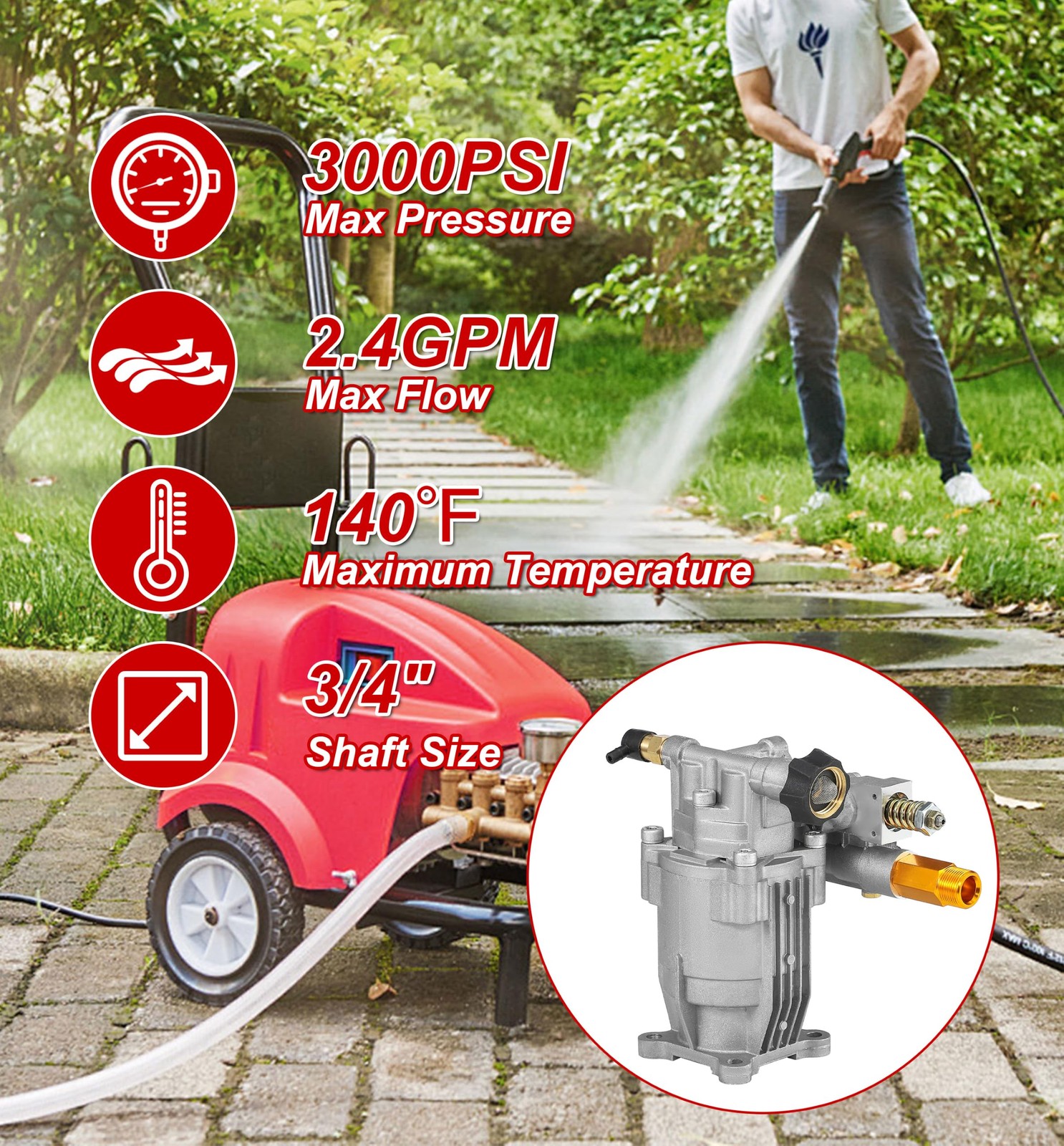 M MINGLE 3/4 Shaft Horizontal Pressure Washer Pump – 3000 PSI Power Washer Pump