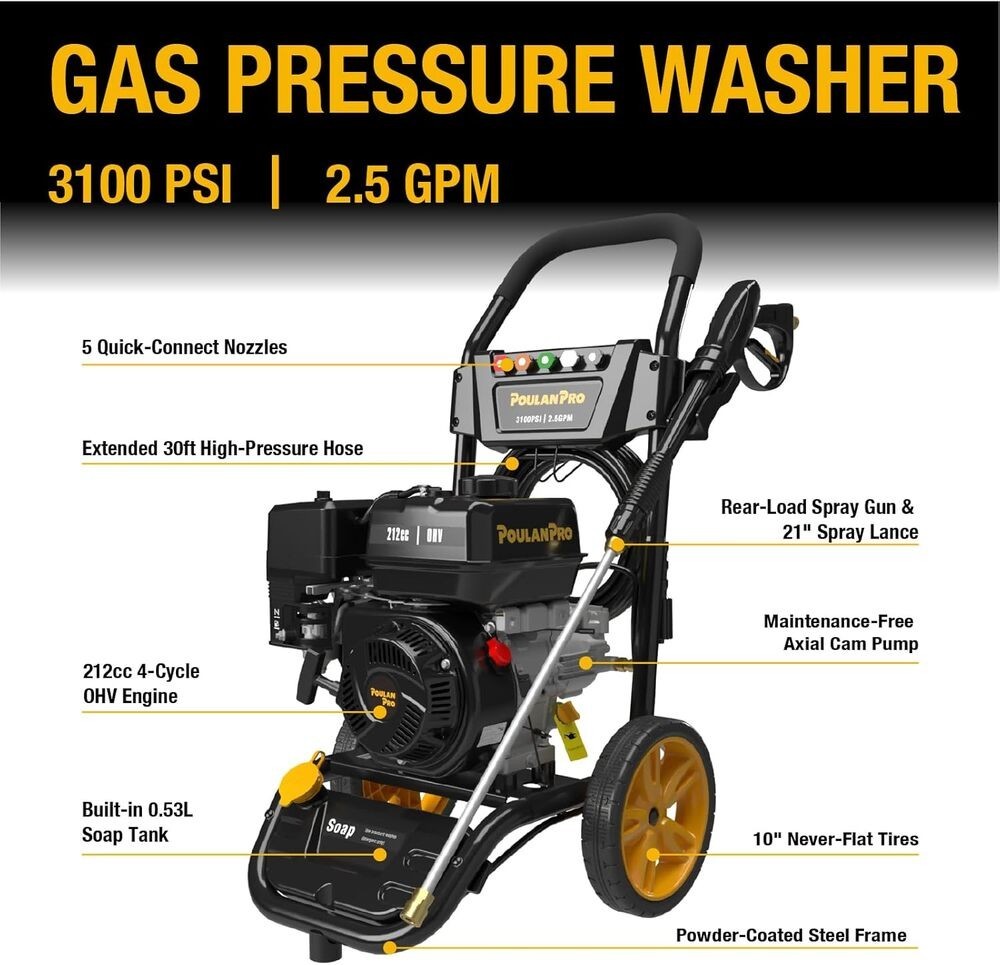 3100 Max PSI 2.5 Max GPM Gas Pressure Washer Detergent Tank Deck Water Cleaner