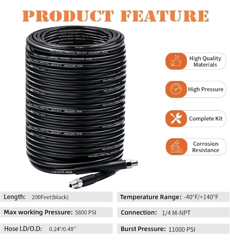 Sewer Jetter Kit for Pressure Washer 200FT, 5800PSI Drain Cleaner Hose 1/4″ NPT