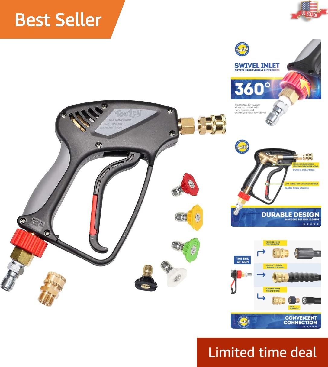 Effortless Cleaning with 5000 PSI Short Pressure Washer Gun – 360° Swivel Design