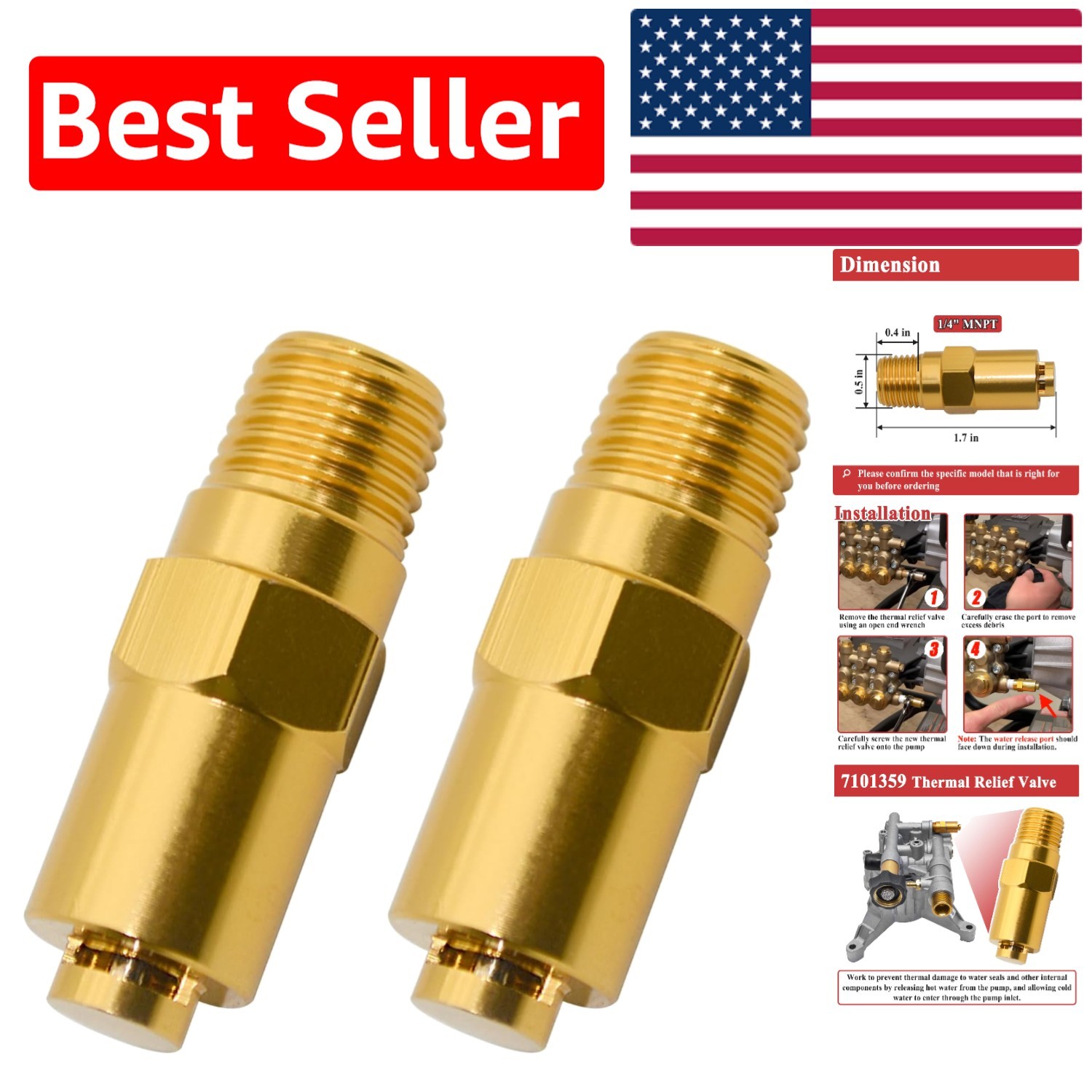 Durable Brass 2-Pack Thermal Relief Valve for Gas Pressure Washers, 1/4 Inch NPT