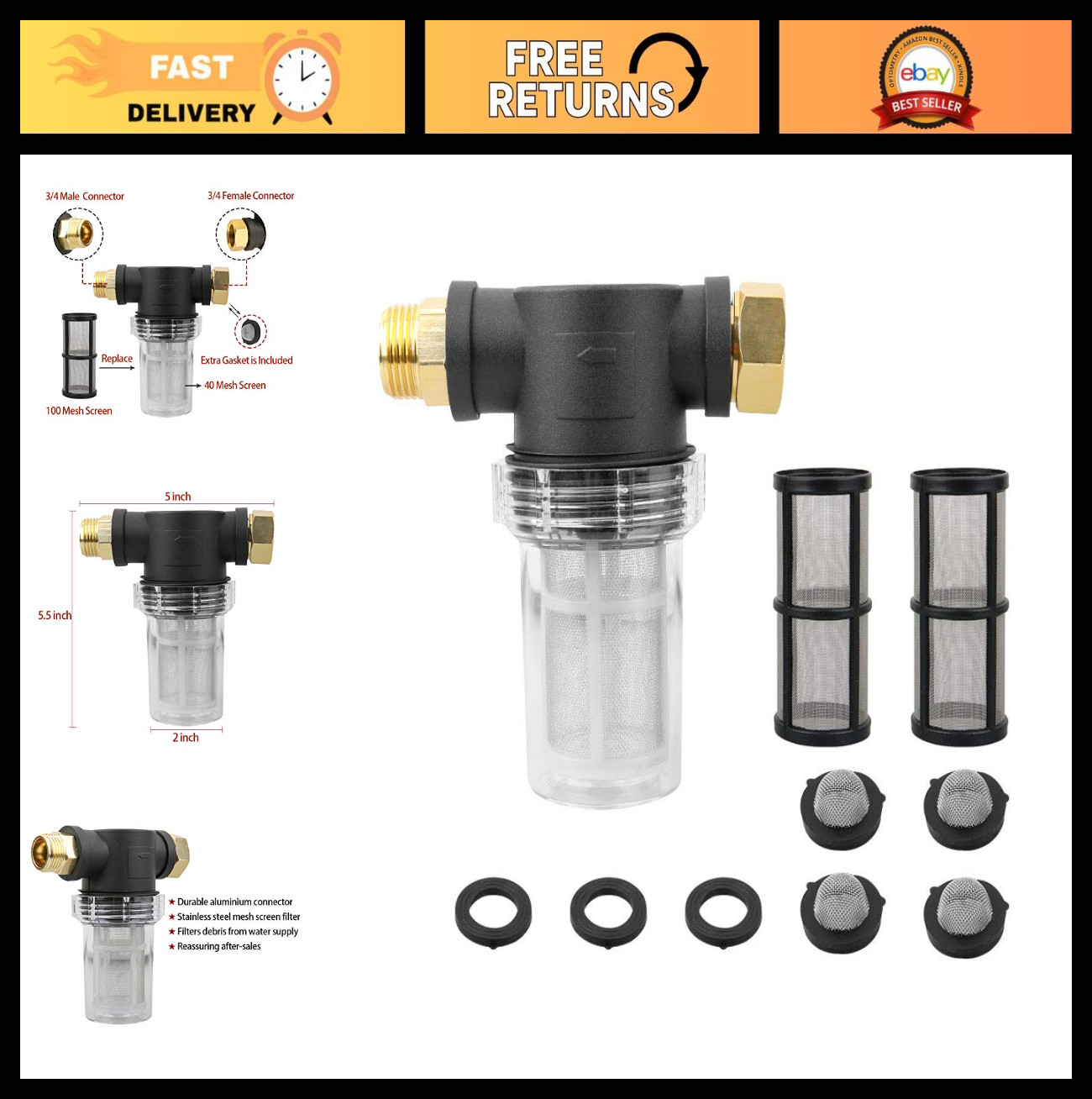 High Pressure Washer Inlet Filter – 40 Mesh Sediment Filter, 2 Extra 100 Mesh, O