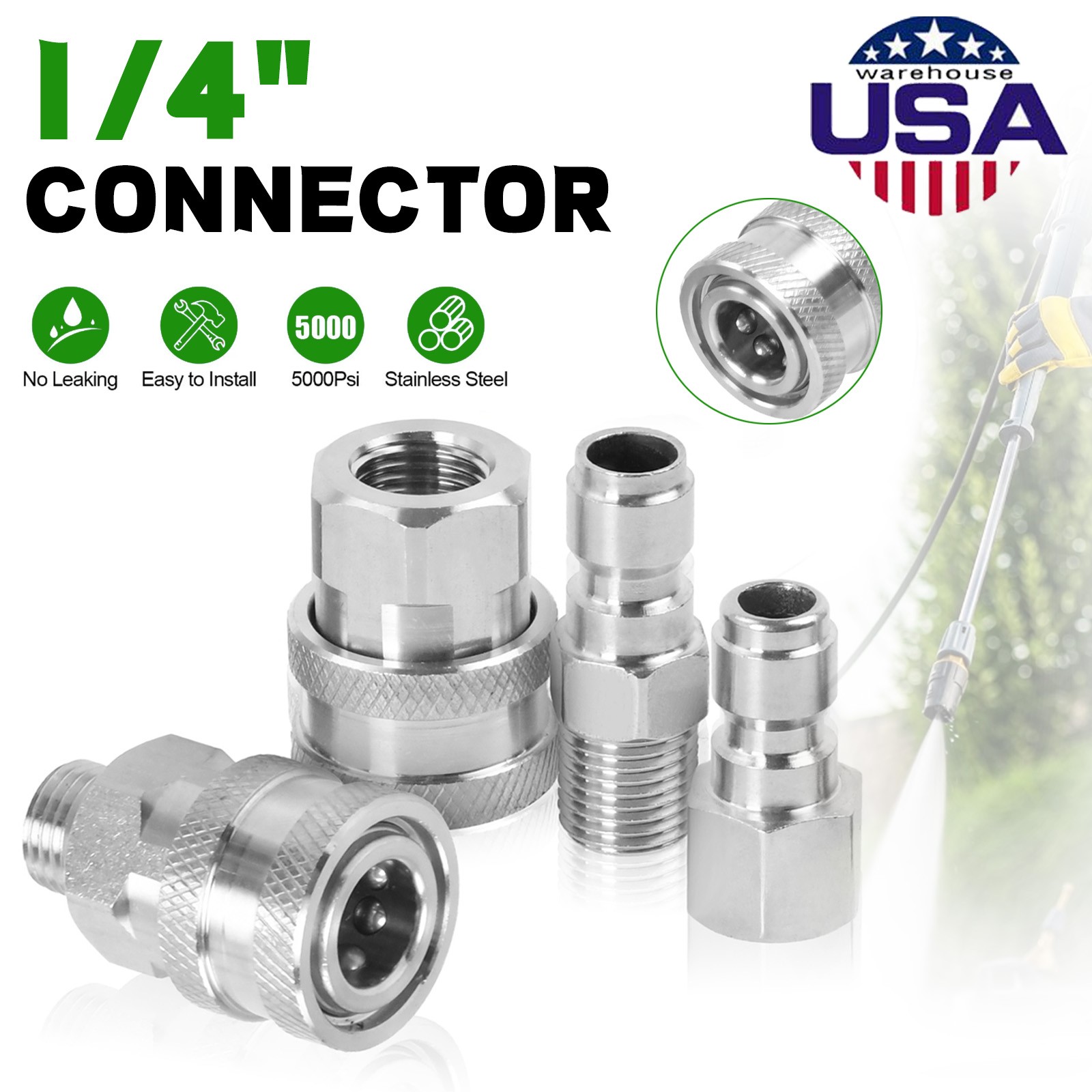 2 Sets NPT 1/4 Inch Pressure Washer Coupler Quick Connect Plug Fitting Adapter
