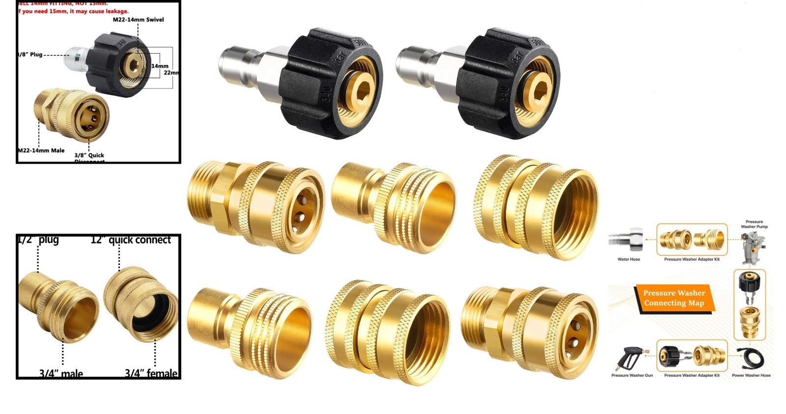 Brass Quick Connect Pressure Washer Adapter Set – 2 X M22 & 3/4” Connectors