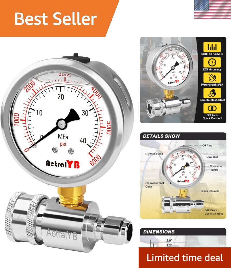 Pressure Washer Gauge, Pressure Gauge Kit, 3/8 Inch Quick Connect
