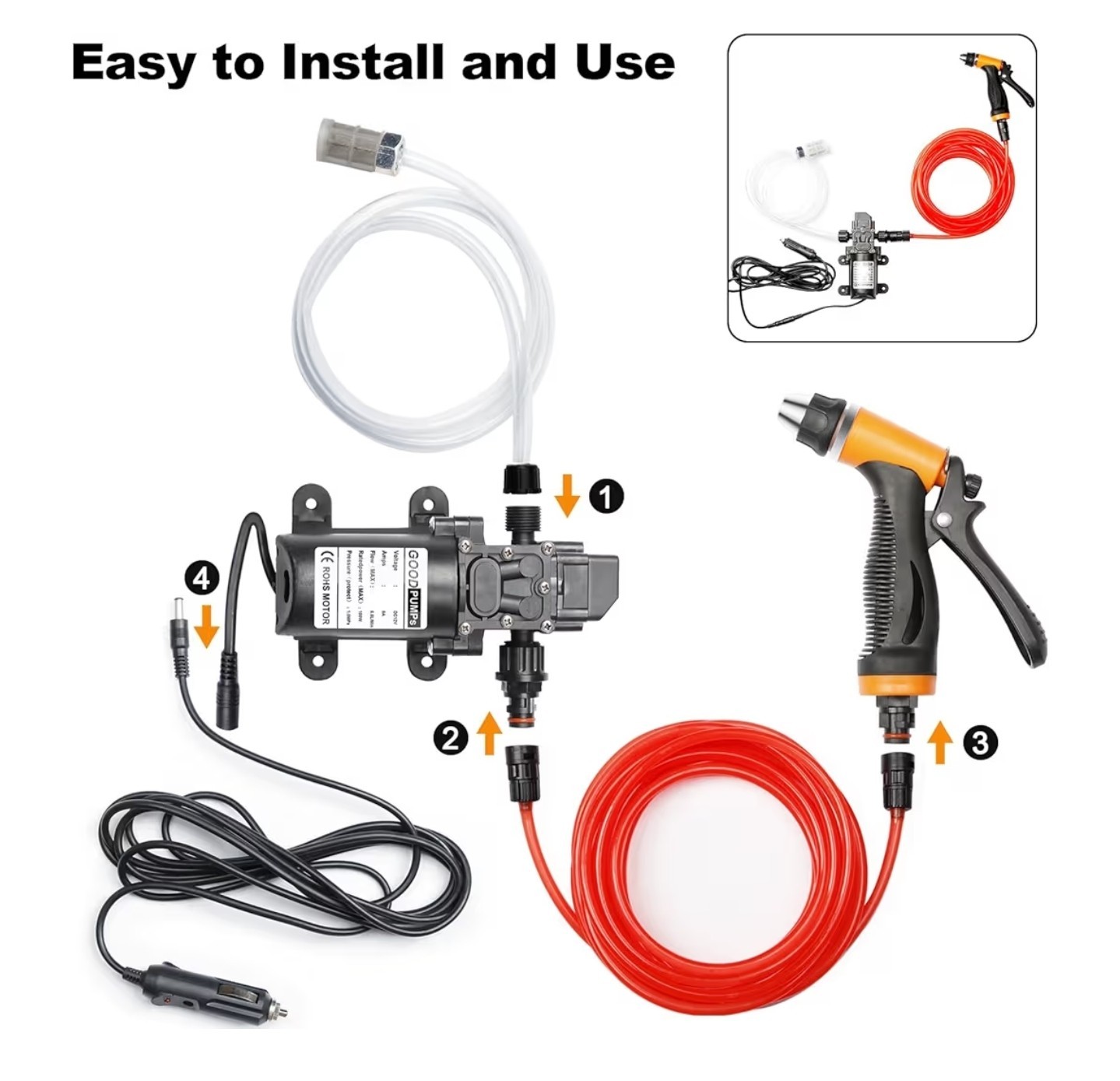 Portable 12V 160psi Pressure Washing Kit w/ Hoses,Pump,Sprayer for Marine,Car,