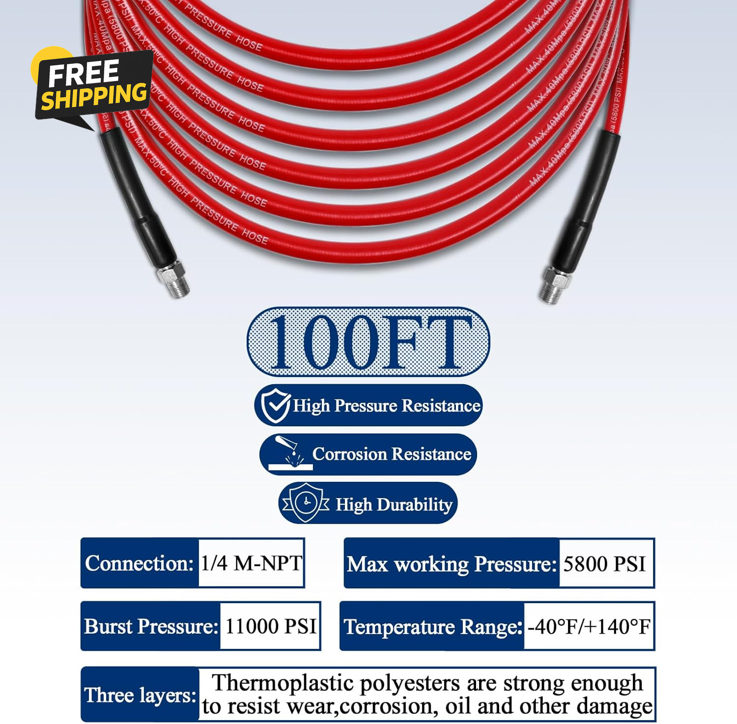 100FT Sewer Jetter Kit for Pressure Washer, 1/4”NPT Drain Cleaner Hose 5800PSI