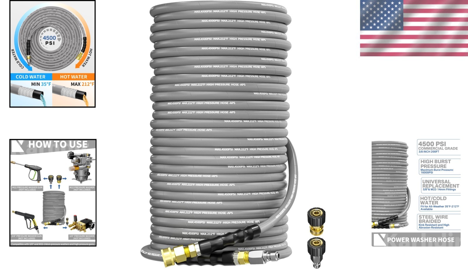 200FT Kink-Resistant Pressure Washer Hose 3/8