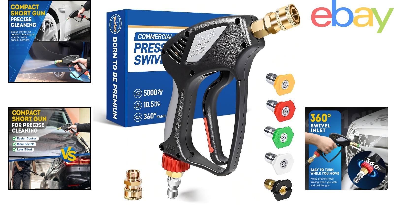 High Pressure Washer Gun with 3/8″ Quick Connect and 5 Nozzle Tips Included